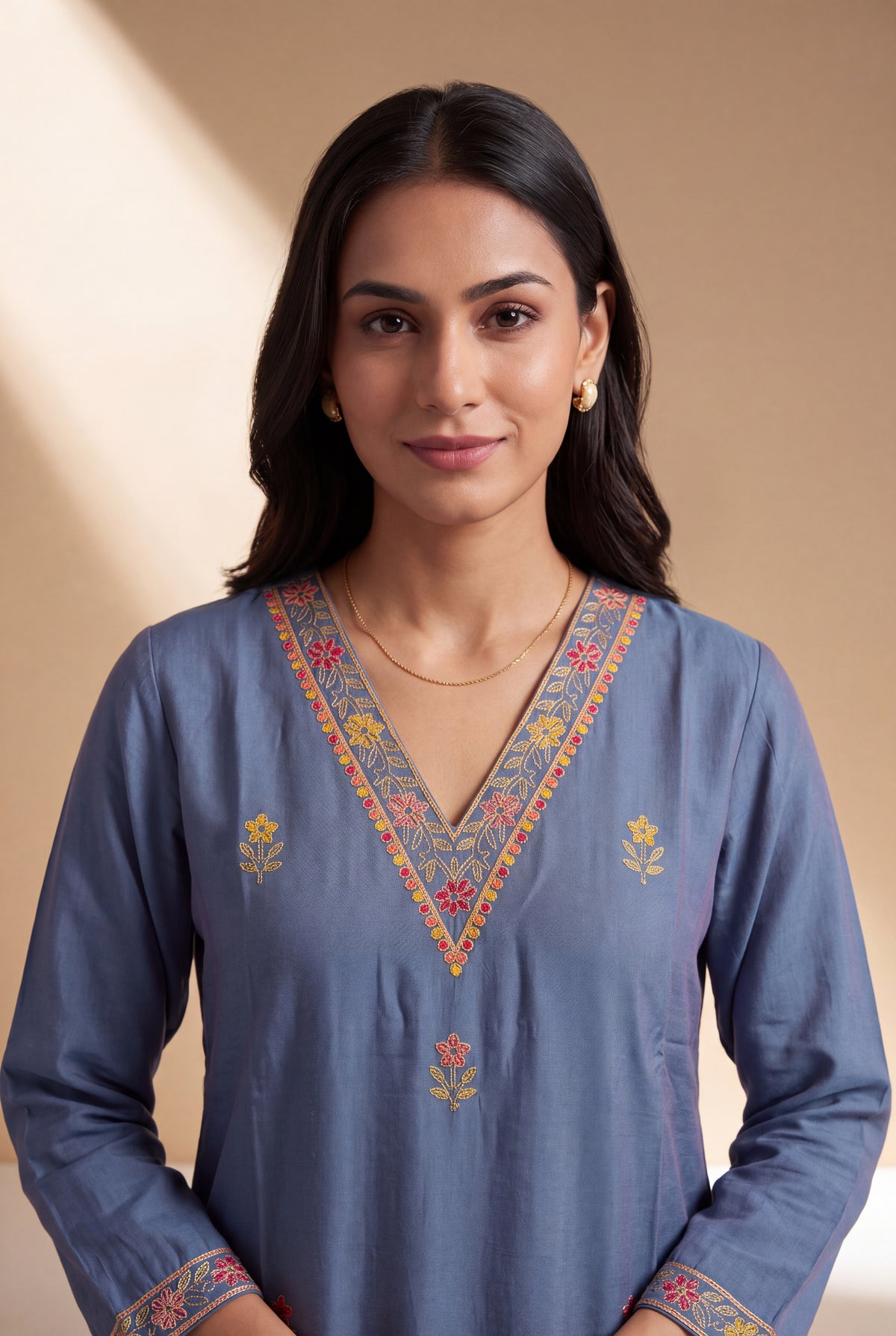 Indigo Blue Trivarṇa Kusuma Kurti with Floral threadwork