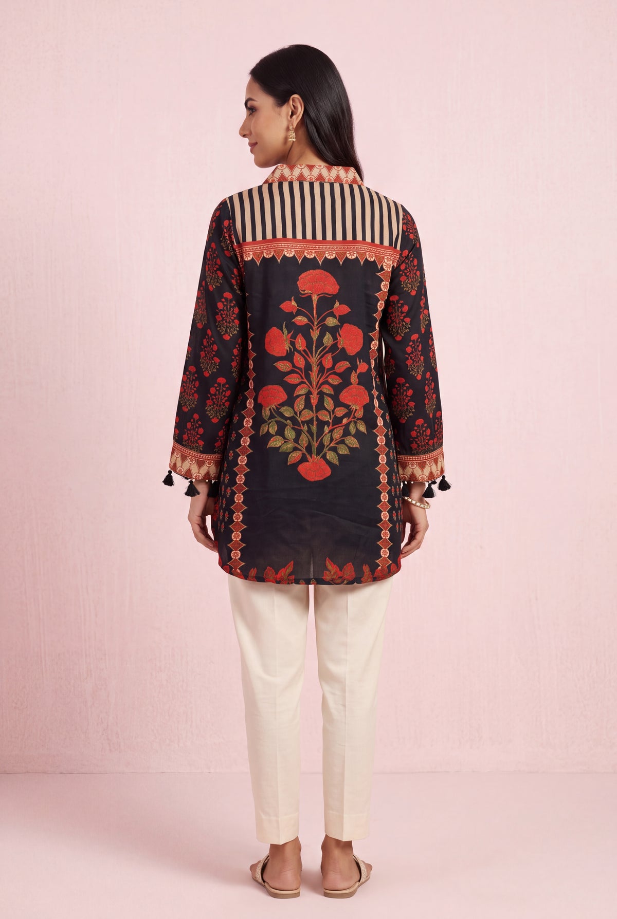 Black Rose Shirt with Floral Print and Tassels