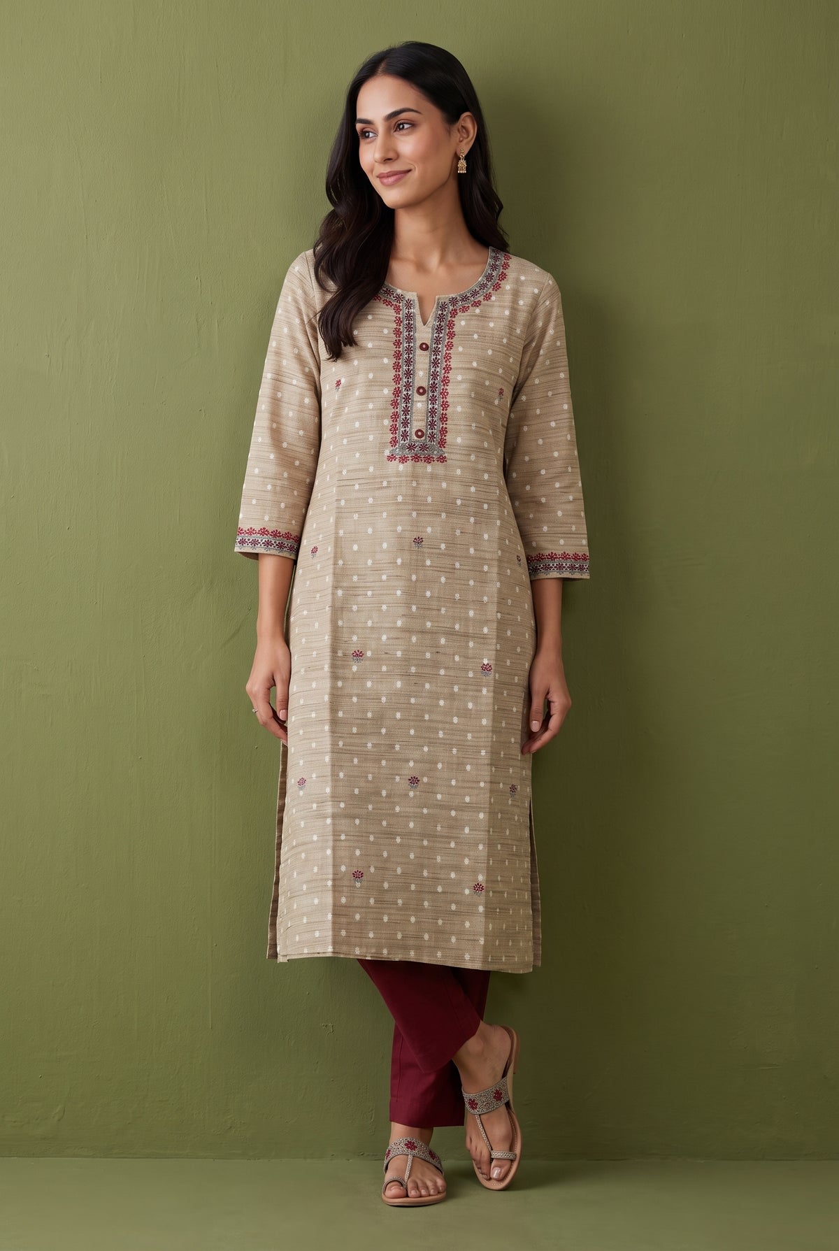 Earthy Brown Cotton Kurti with Embroidered Floral collar