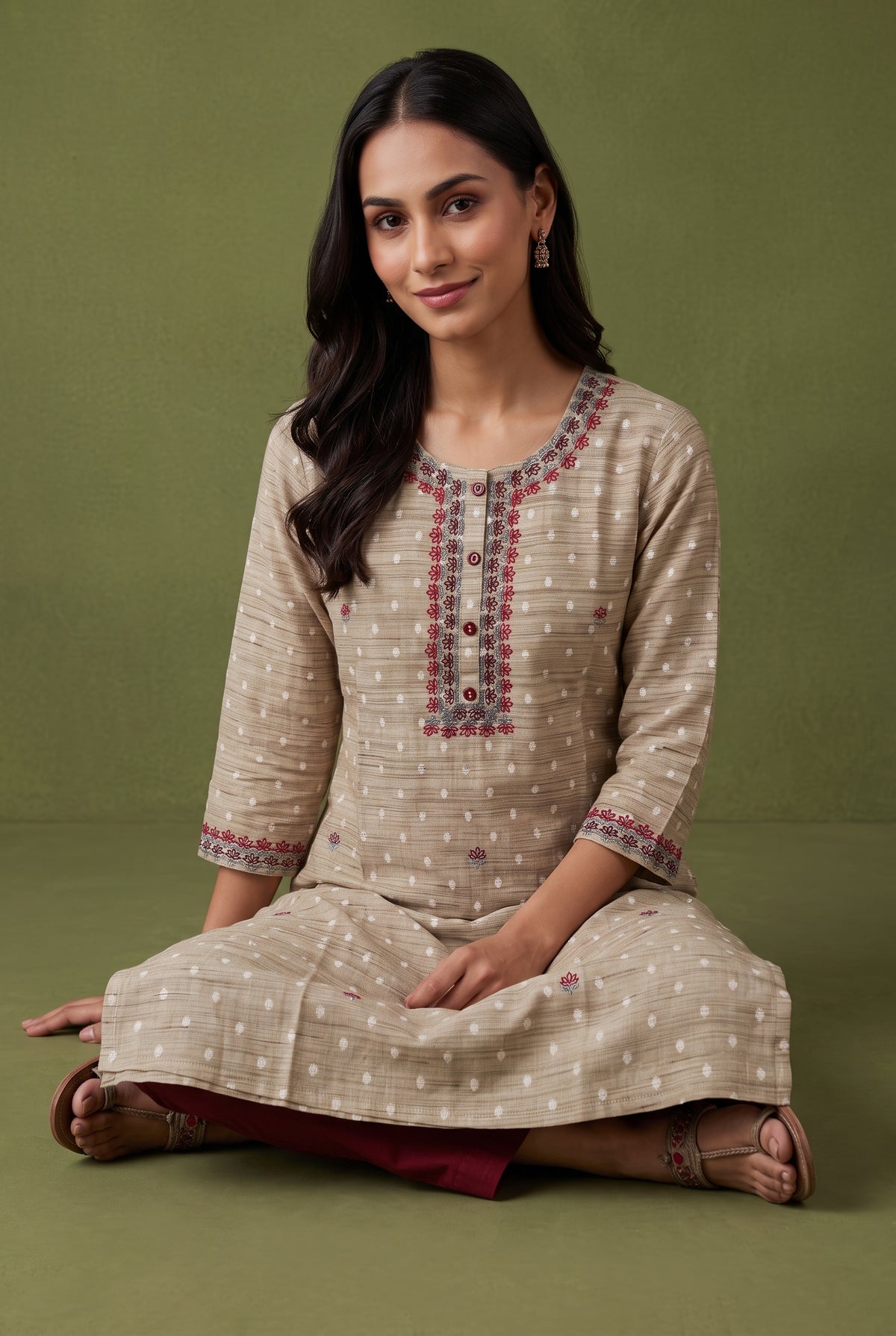 Earthy Brown Cotton Kurti with Embroidered Floral collar