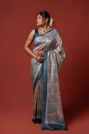 Beige And Blue Crepe Silk Saree