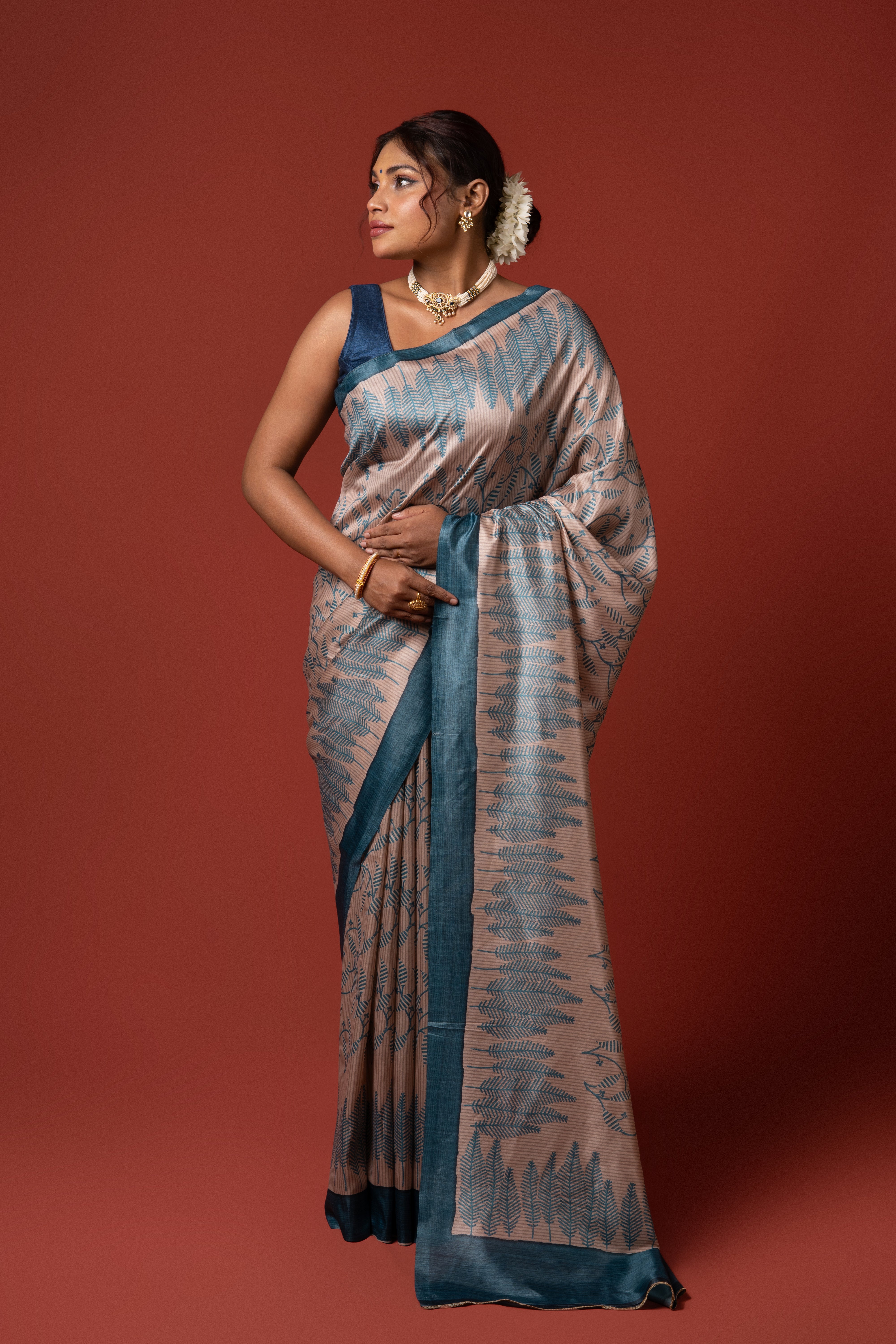 Beige And Blue Crepe Silk Saree