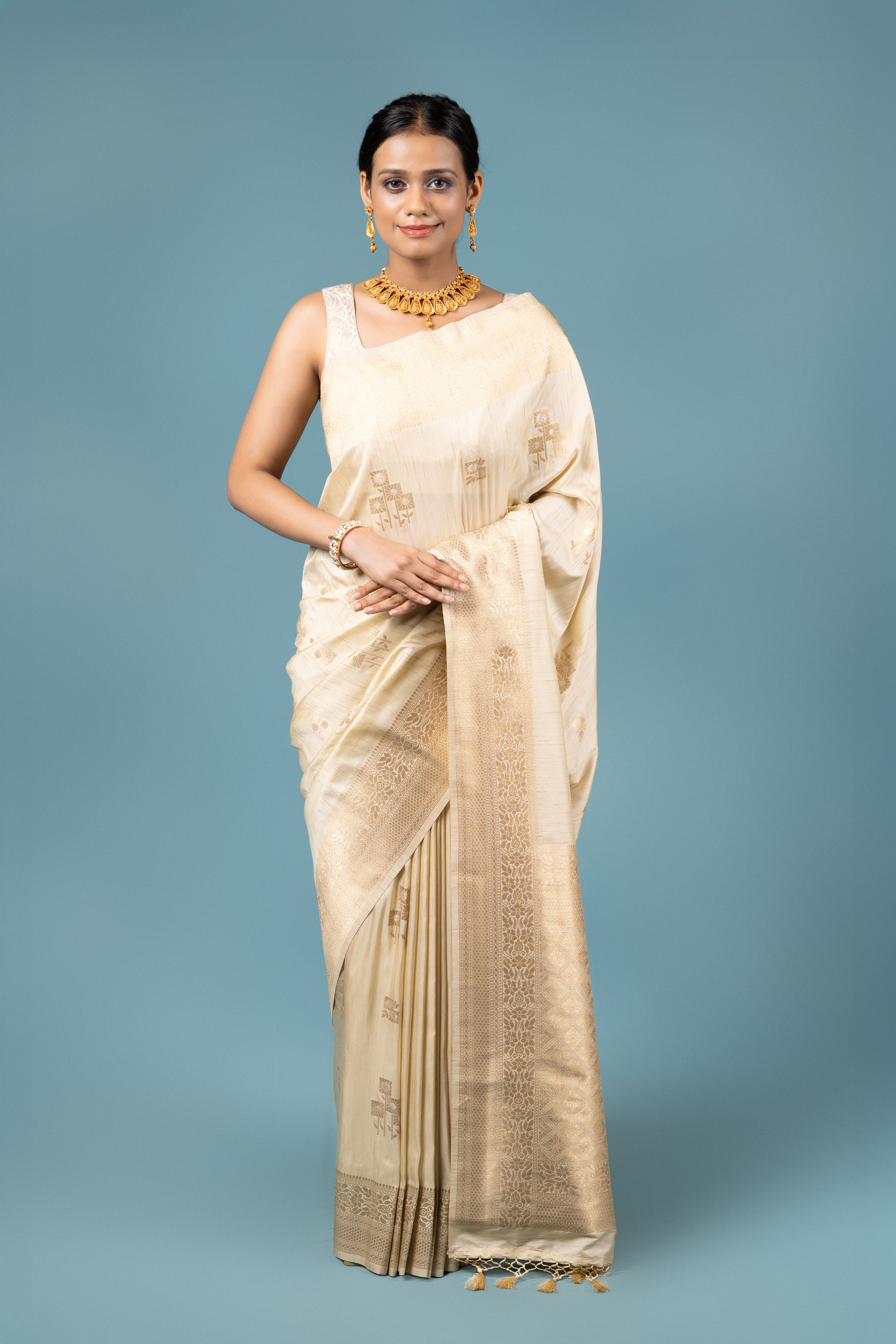 Cream Silk Linen Saree