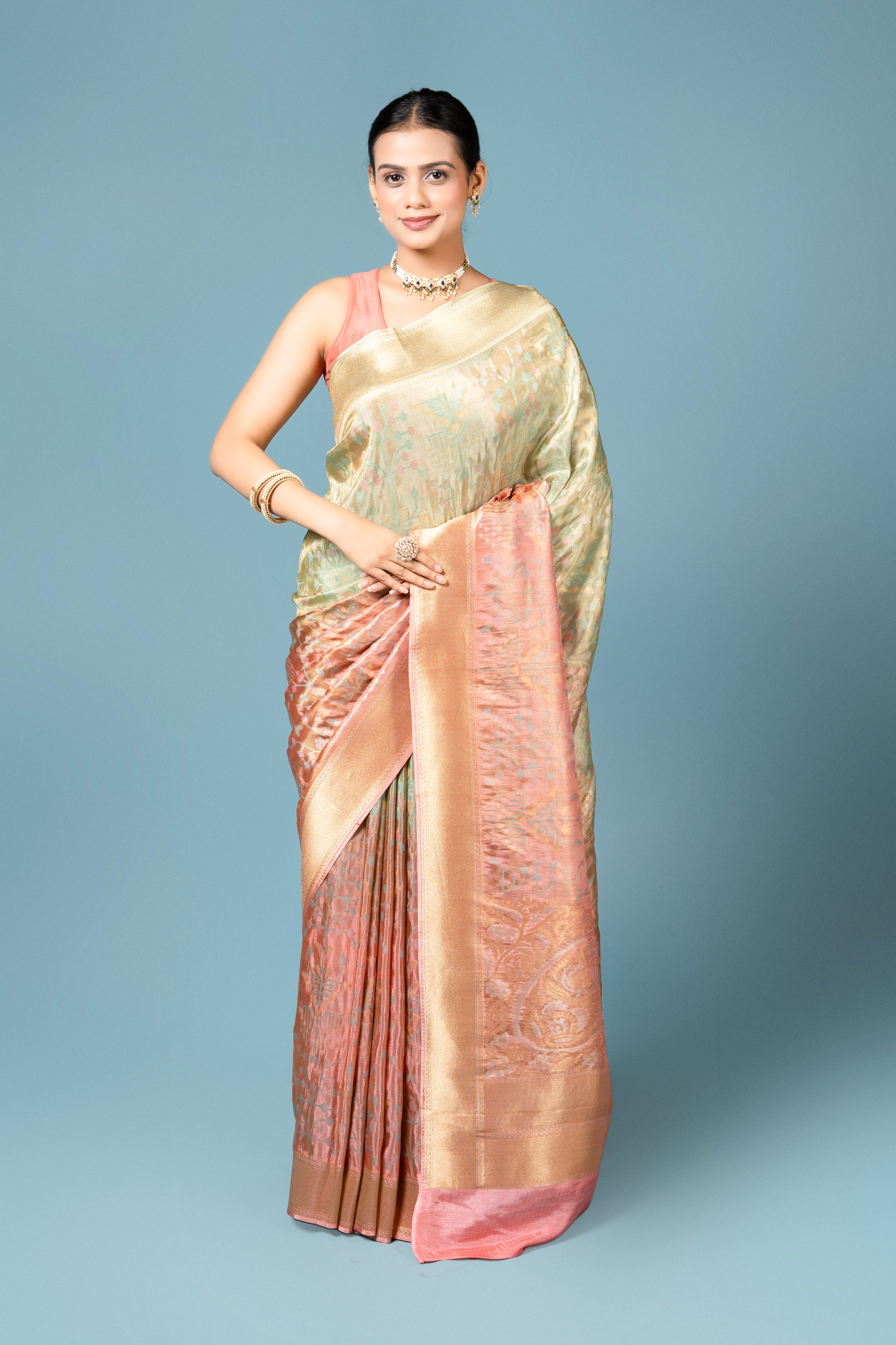 Orange and Green Tissue Silk Saree