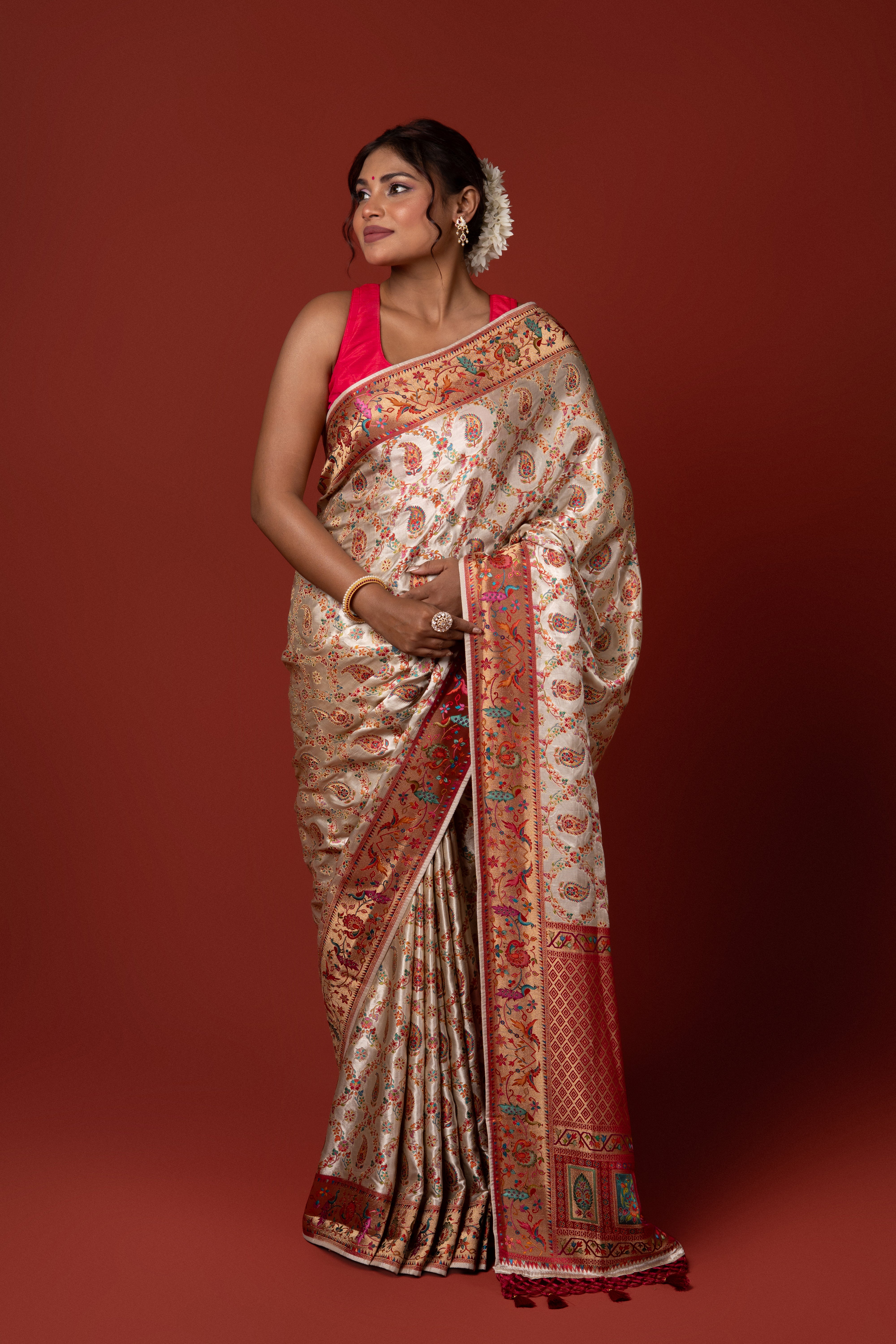 Cream Katan Silk Pashmina Saree