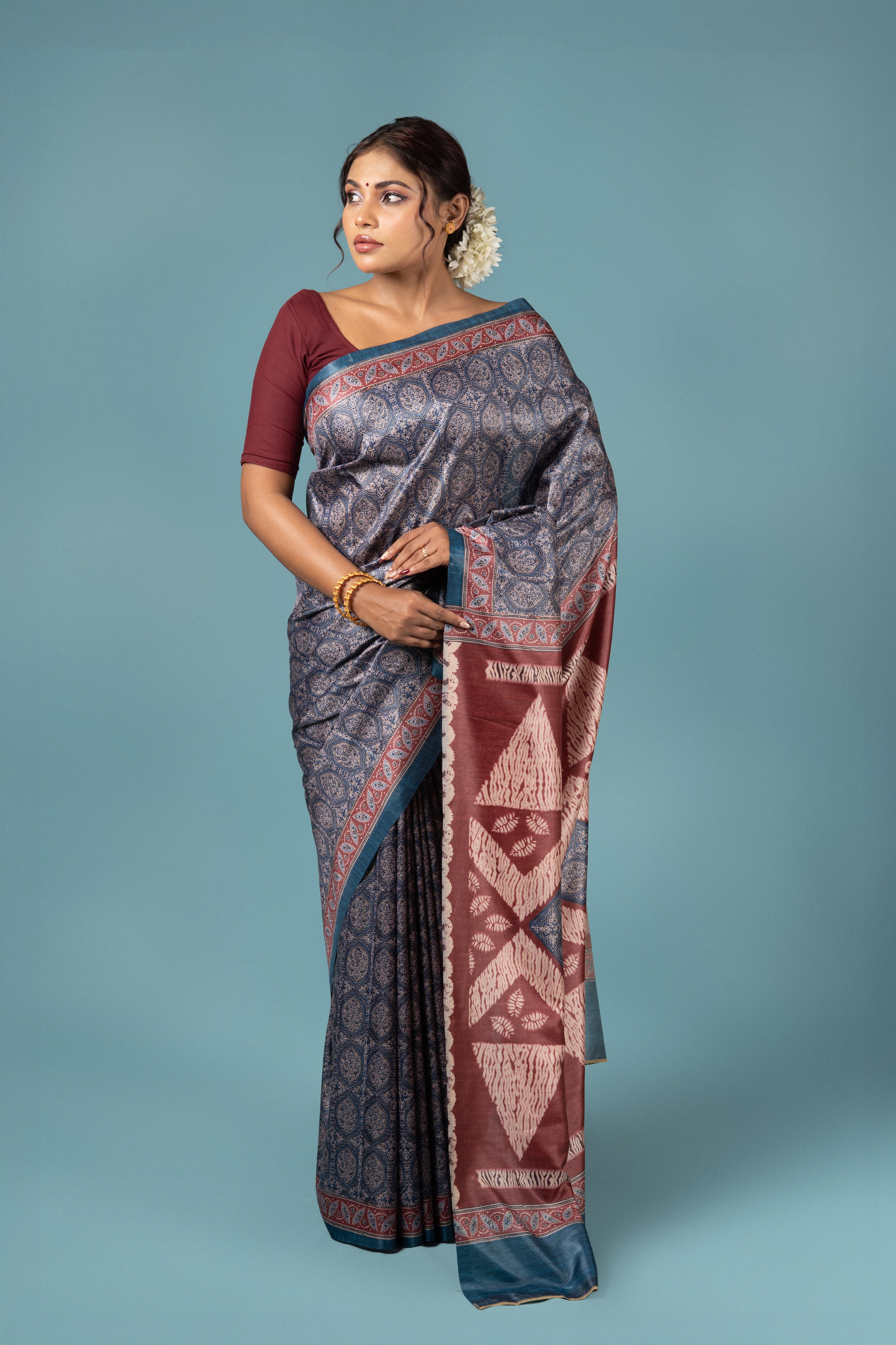 Blue Crepe Saree with Ajrak Print