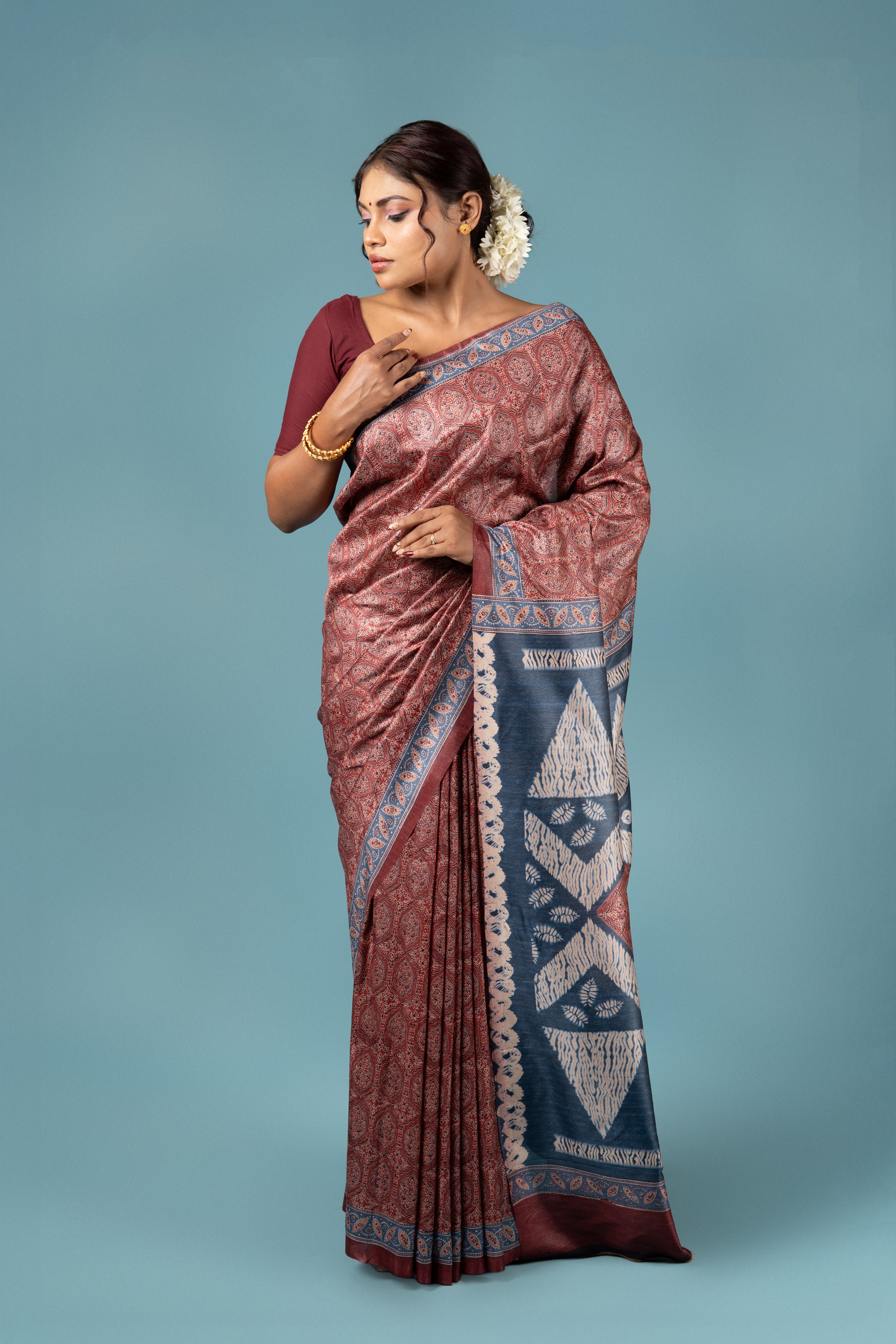 Rust Crepe Saree with Ajrak Print