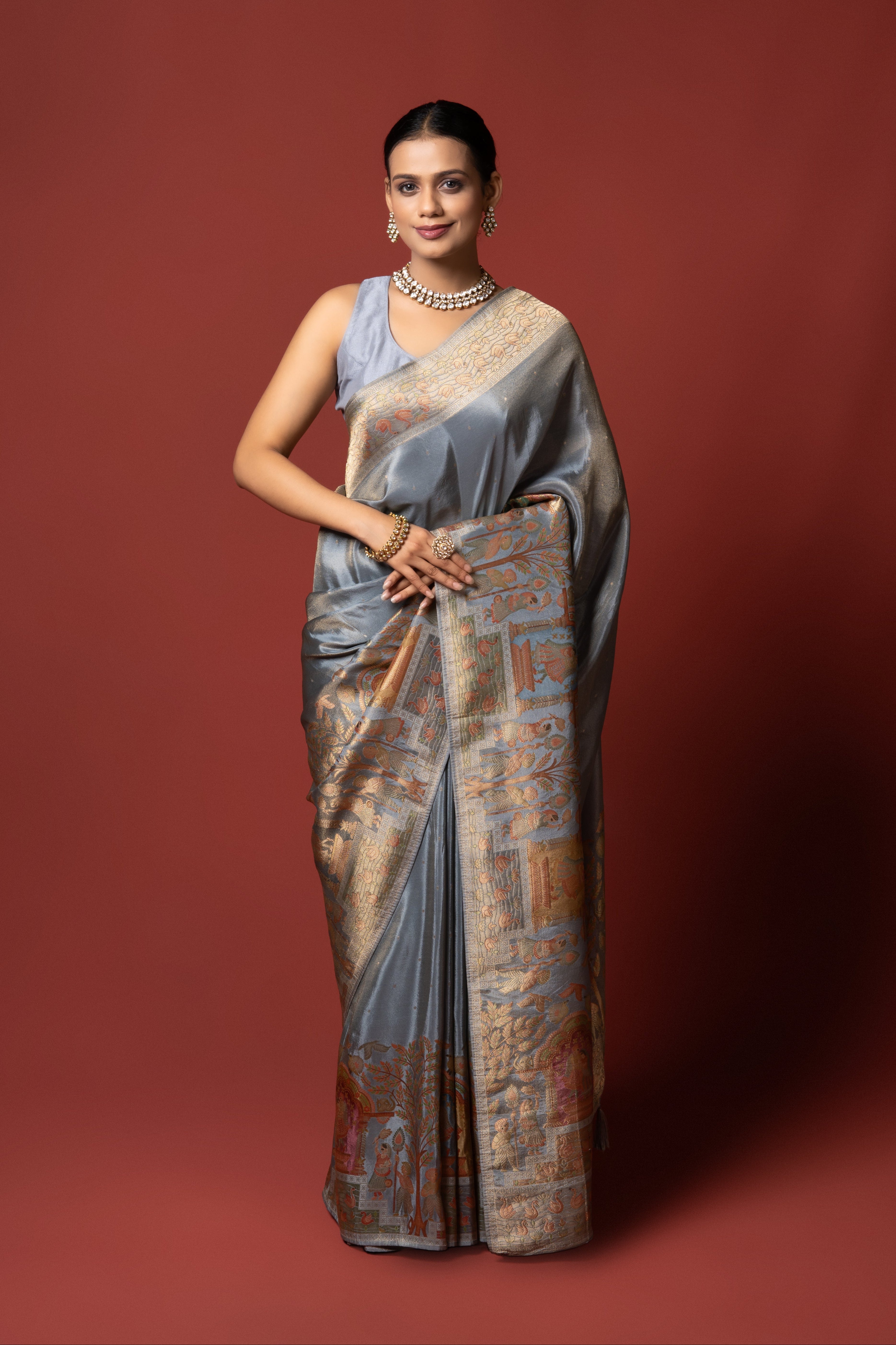 Grey Tussar Silk Saree