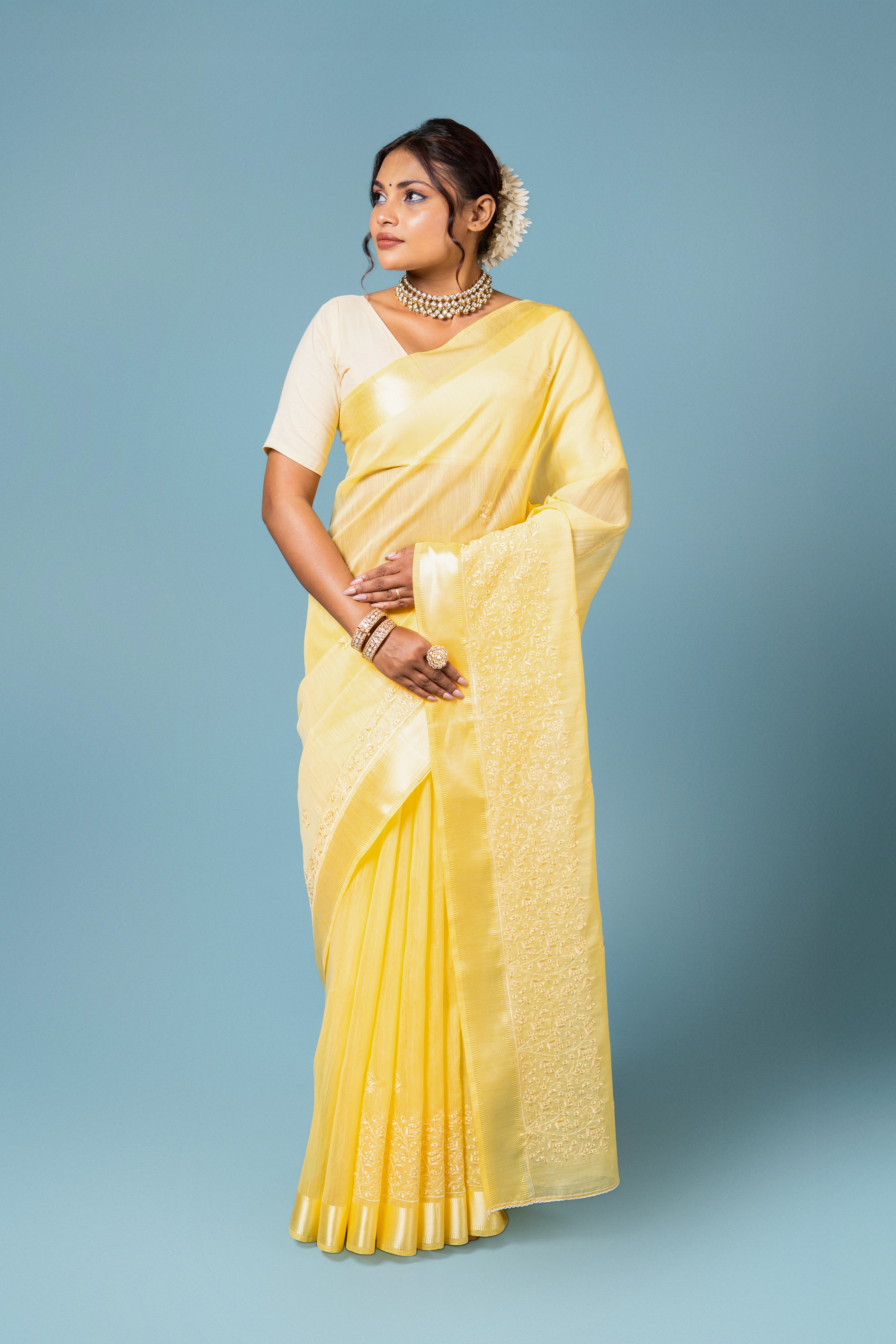 Yellow Cotton Saree with Thread Work