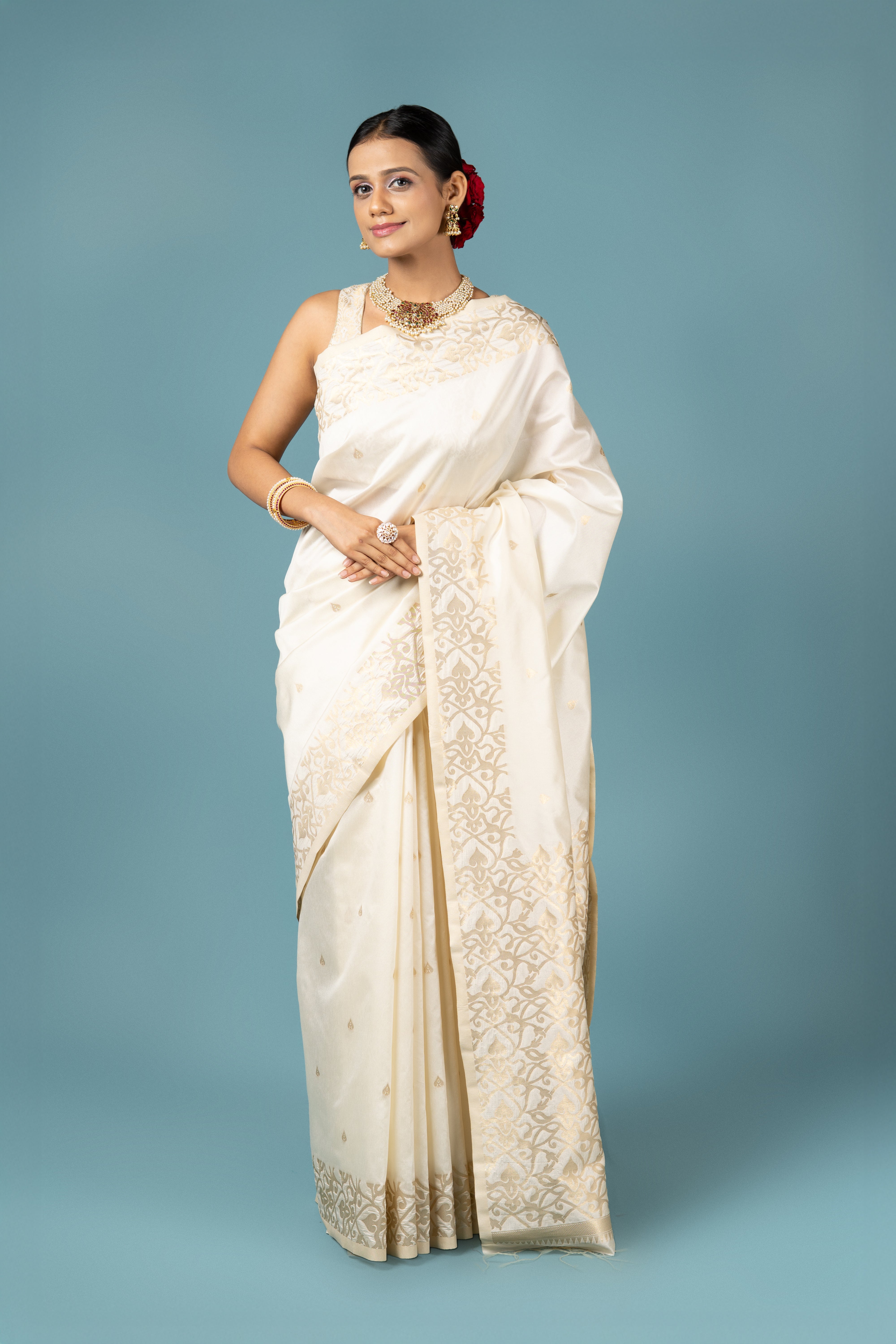 Cream Katan Silk Saree