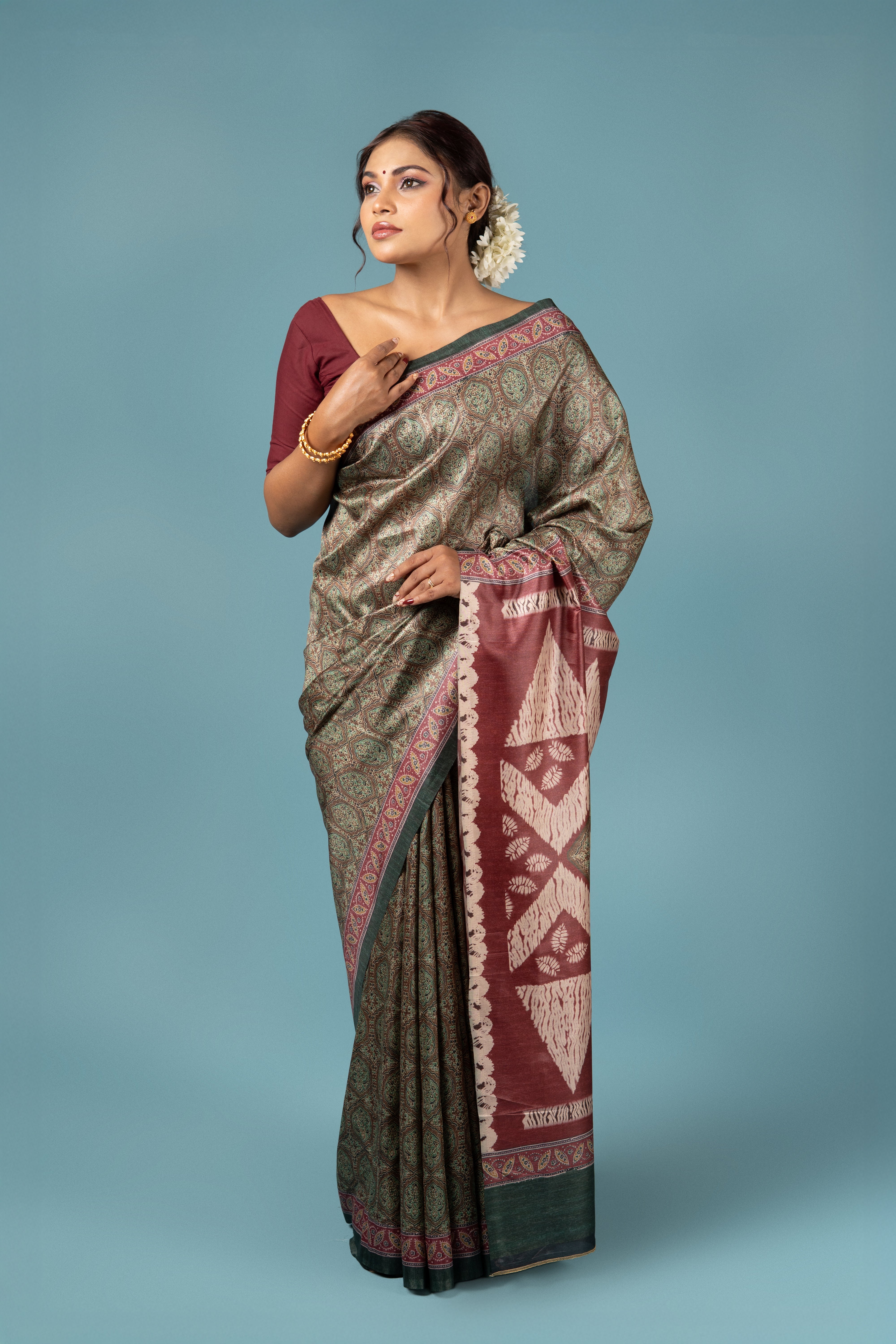 Green Crepe Saree with Ajrak Print