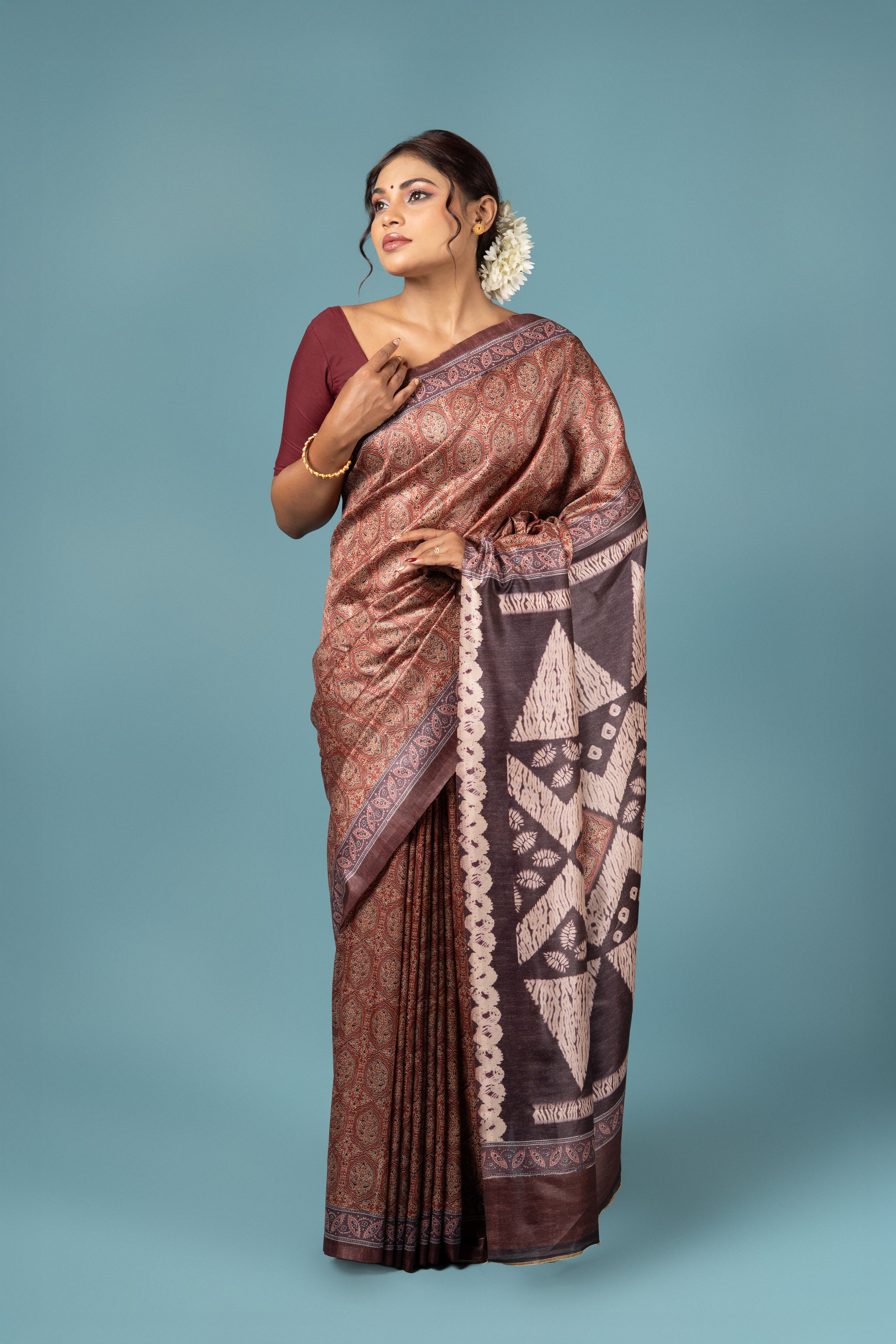 Rust Crepe Saree with Ajrak Print
