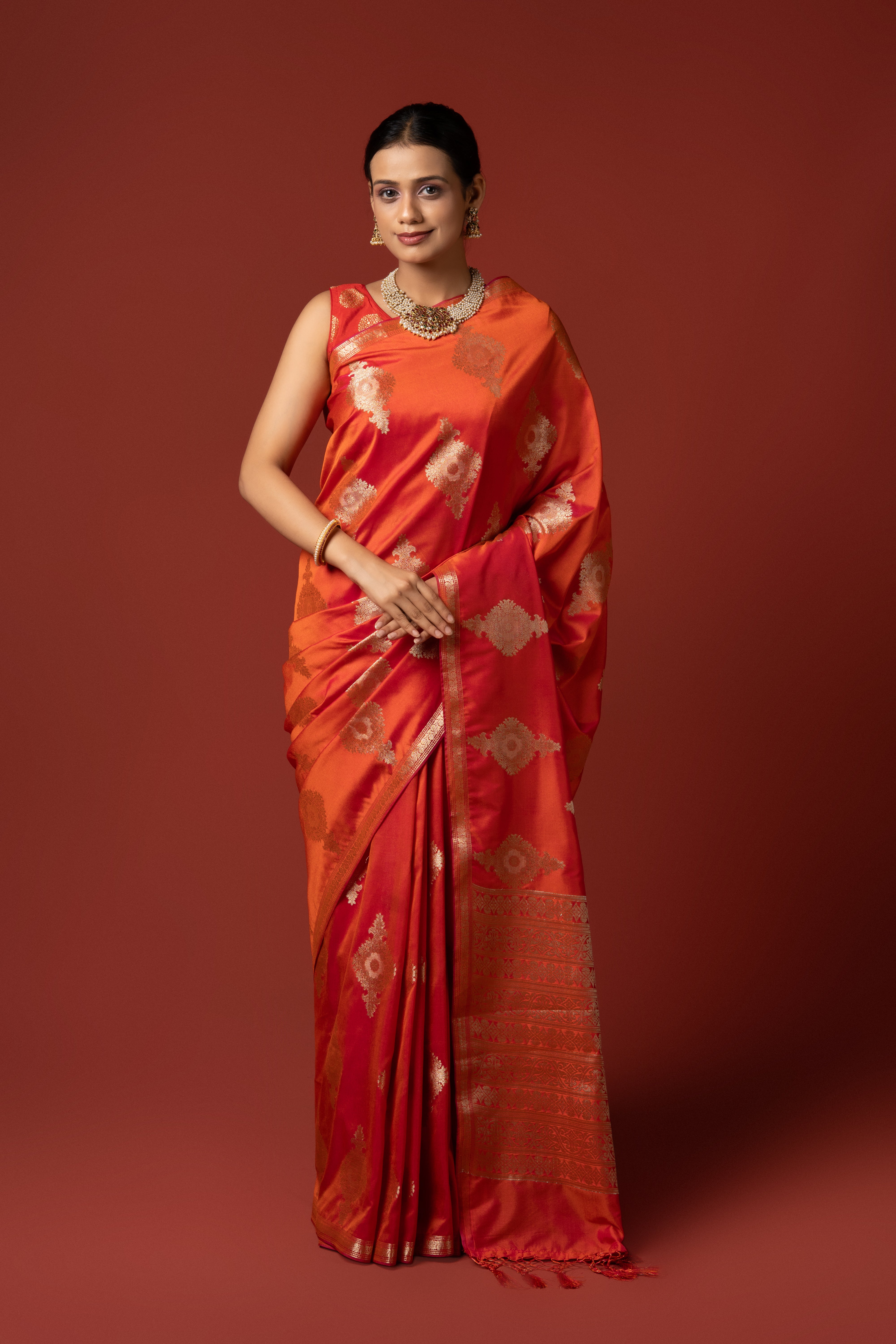 Sunset Orange Katan Silk Banarasi Saree