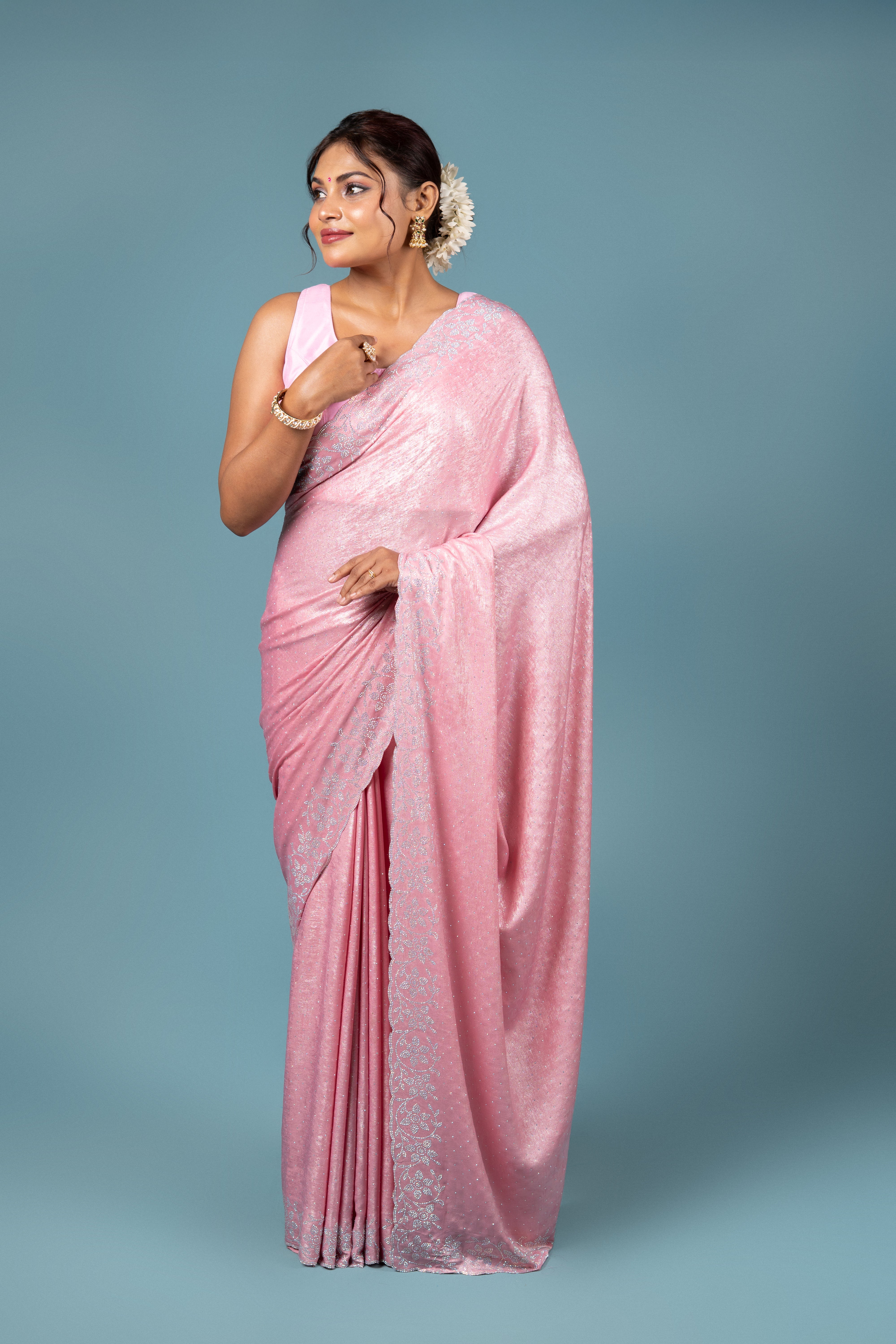 Pastel Pink Georgette Saree with Stone Work