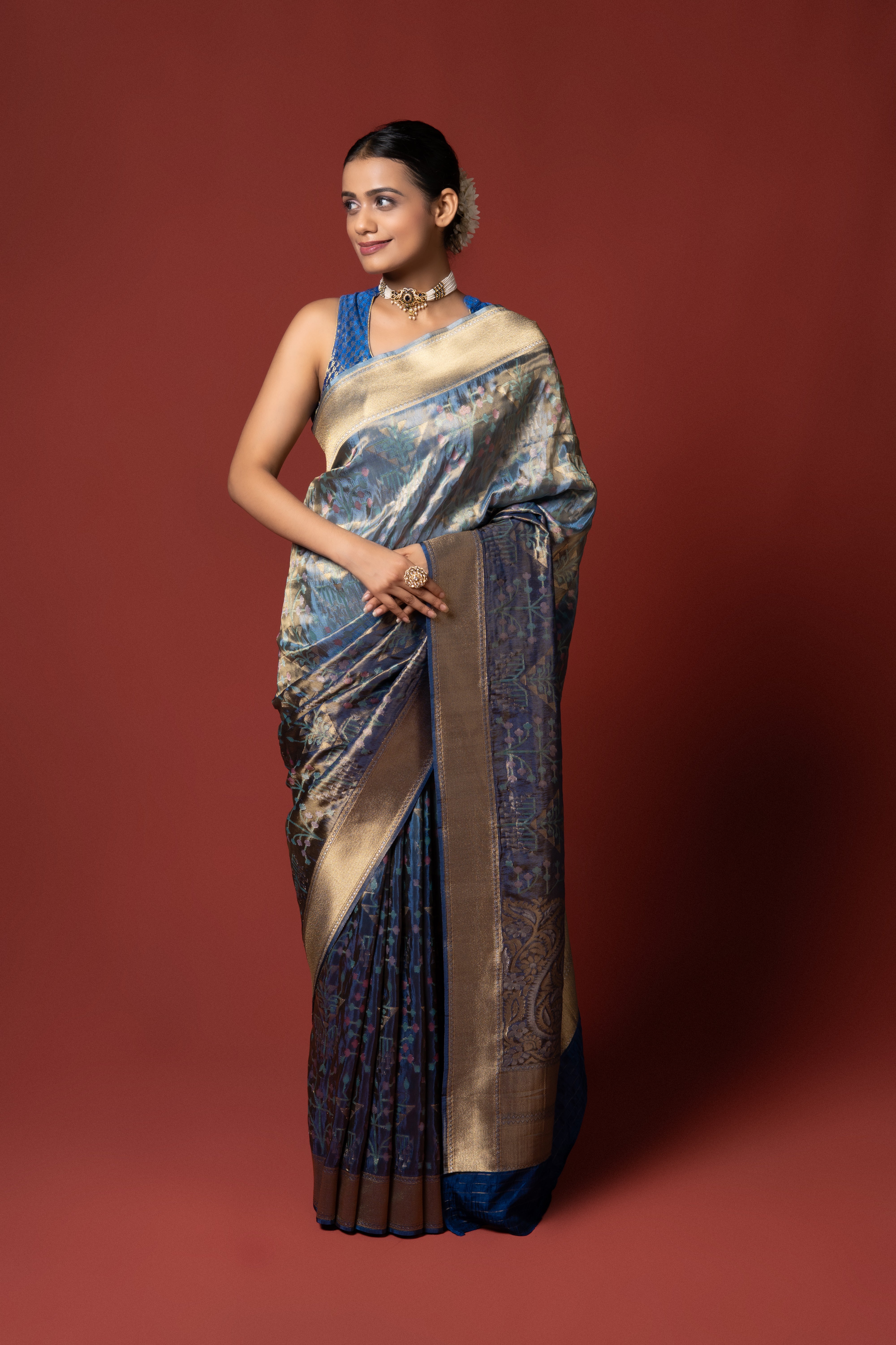 Blue and Grey Tissue Silk Saree