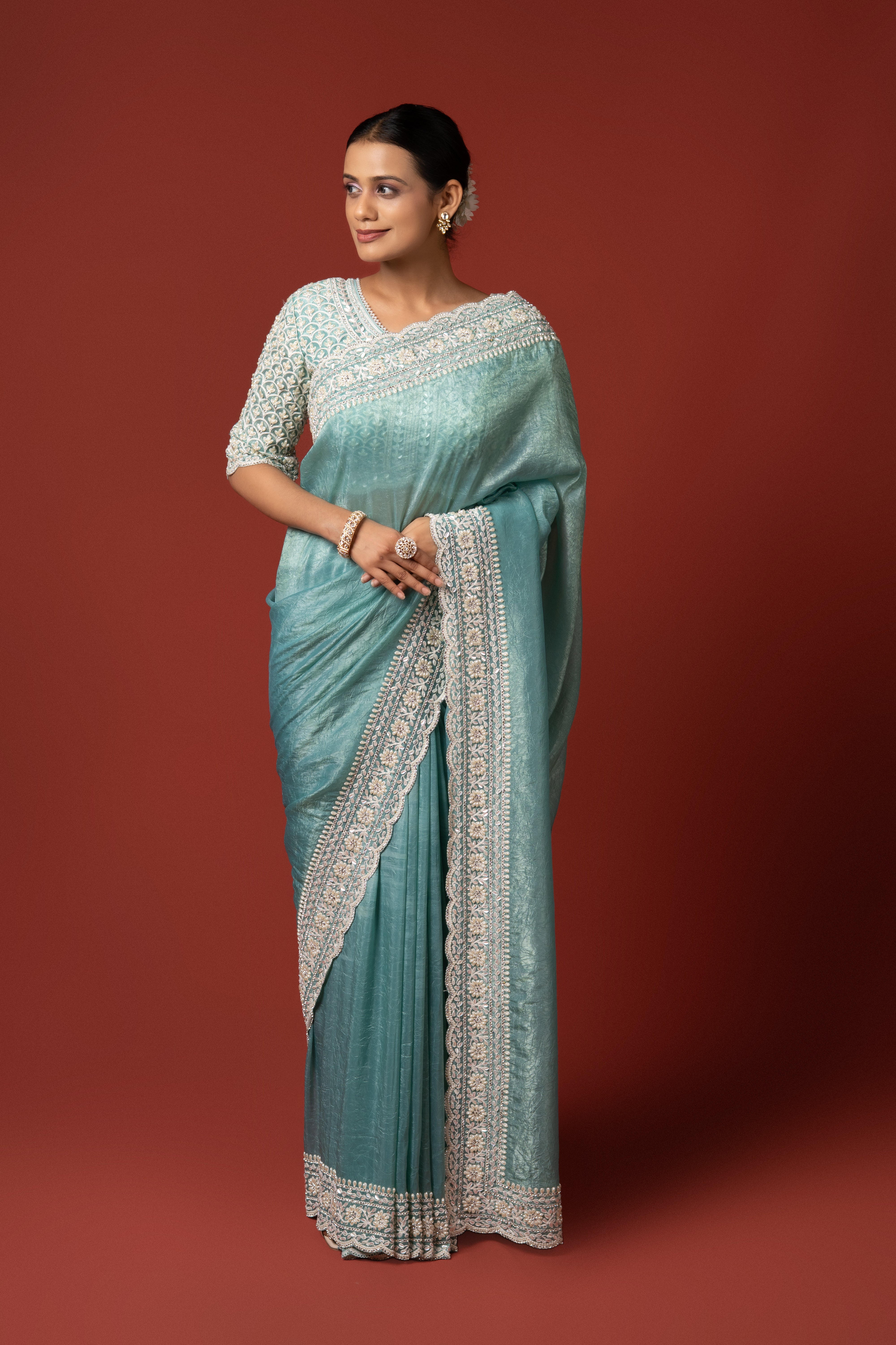 Sea Green Organza Saree With Stone Work