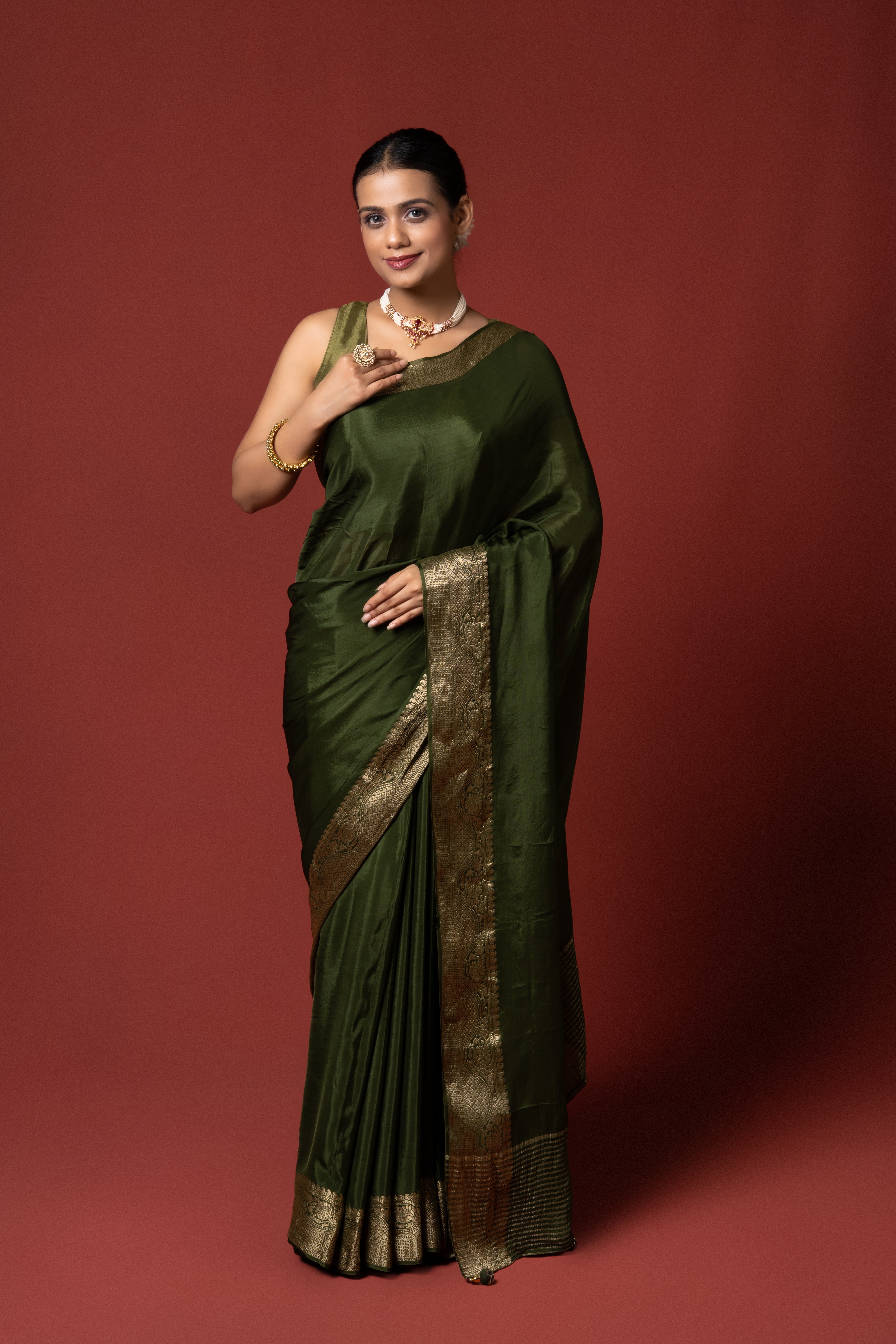 Olive Green Crepe Silk Saree