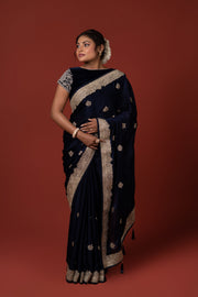 Dark Blue Soft Silk Saree With Stonework