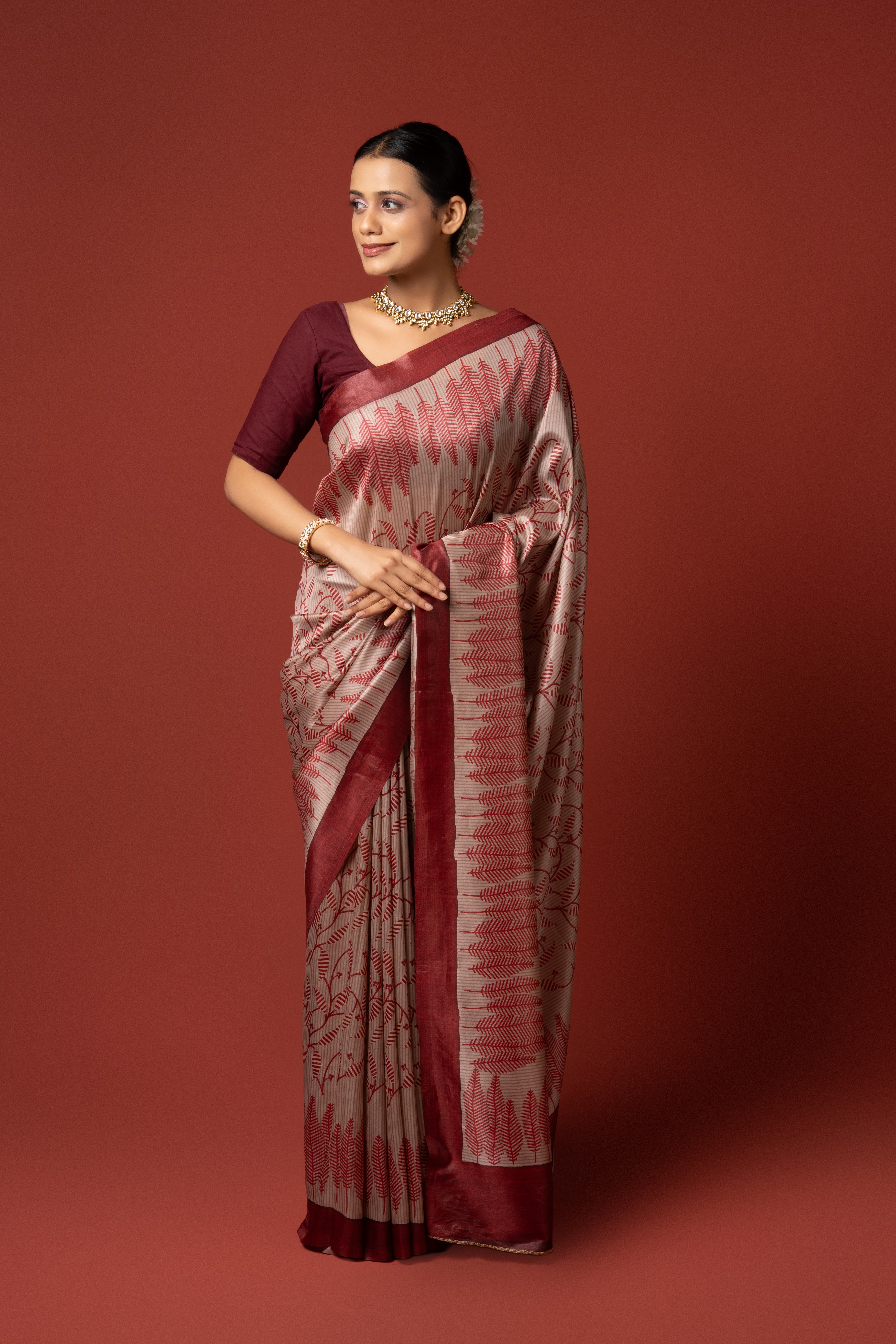 Beige And Red Crepe Silk Saree