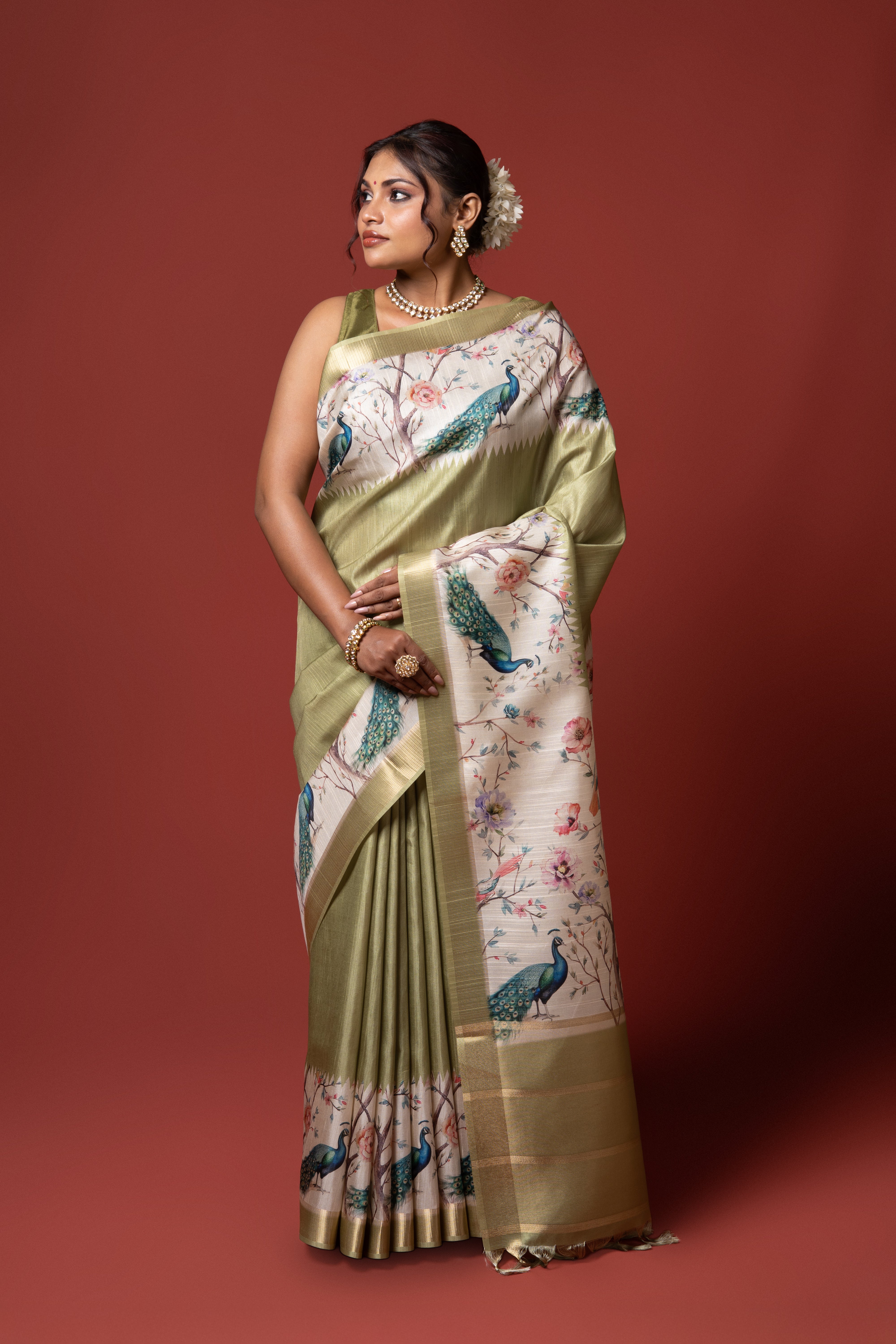 Pista Green Tussar Silk Saree
