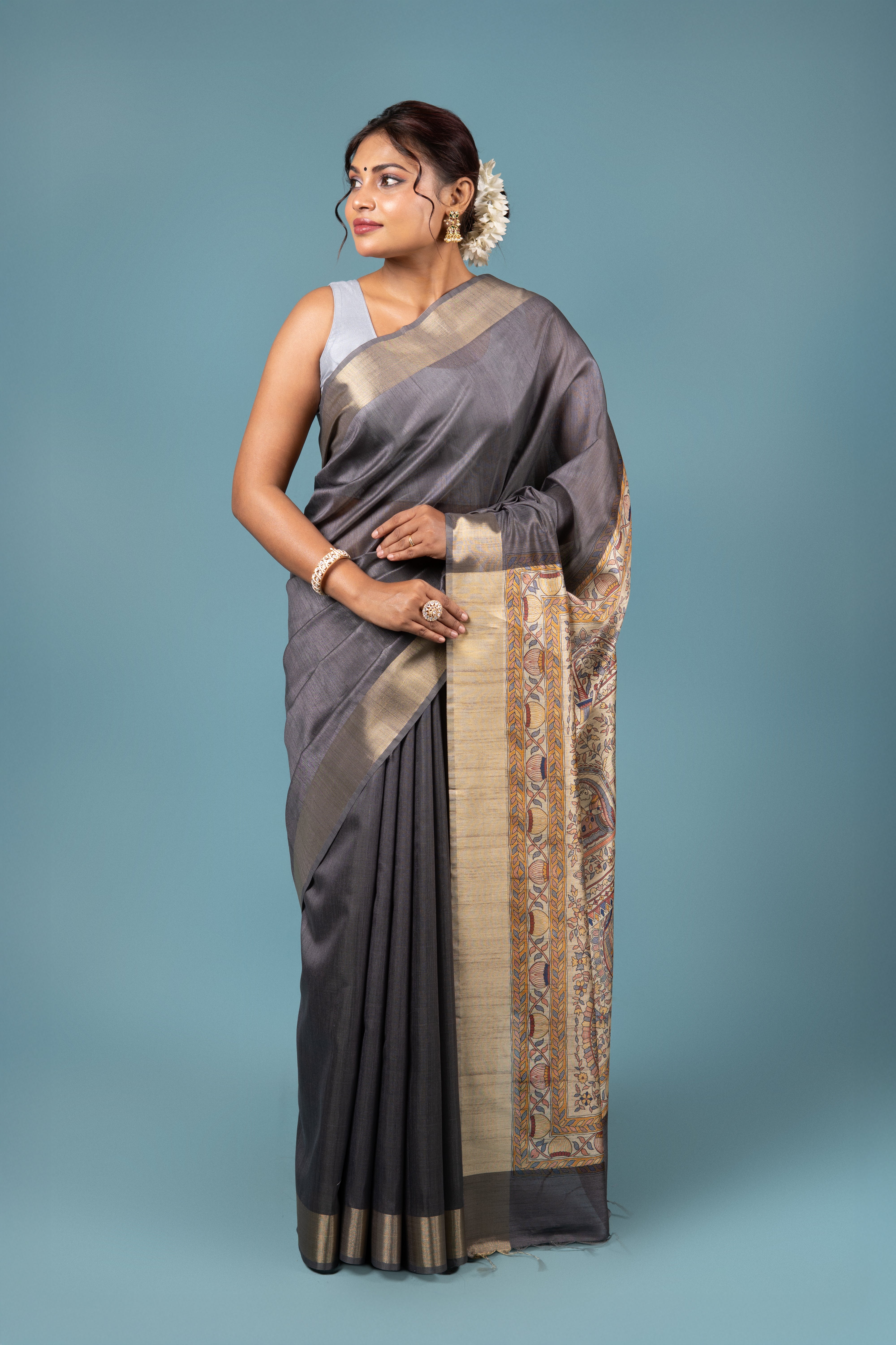Grey Tussar Silk Saree With Madhubani Print