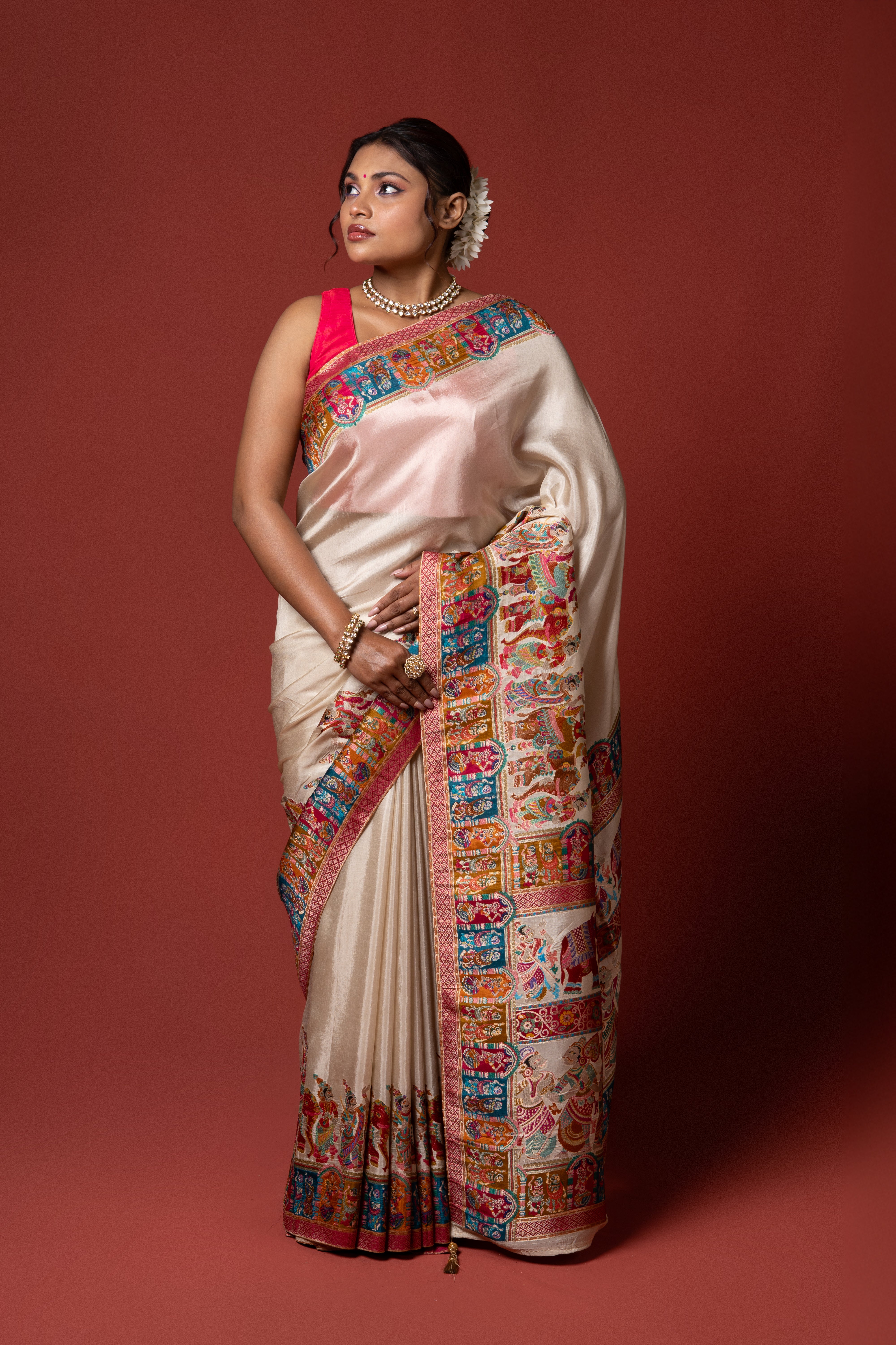 Cream Katan Silk Saree