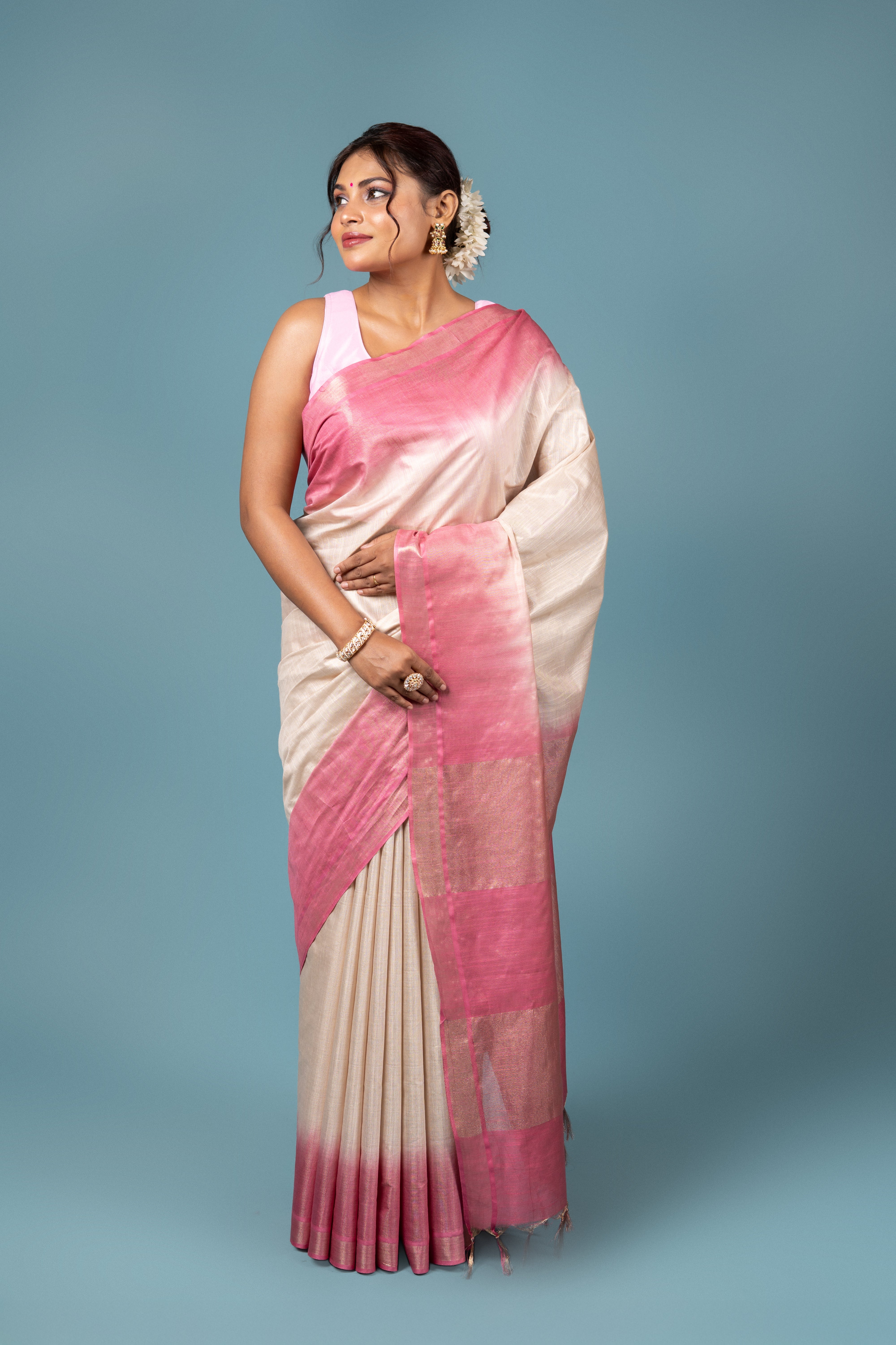 Baby Pink And Beige Tussar Silk Saree