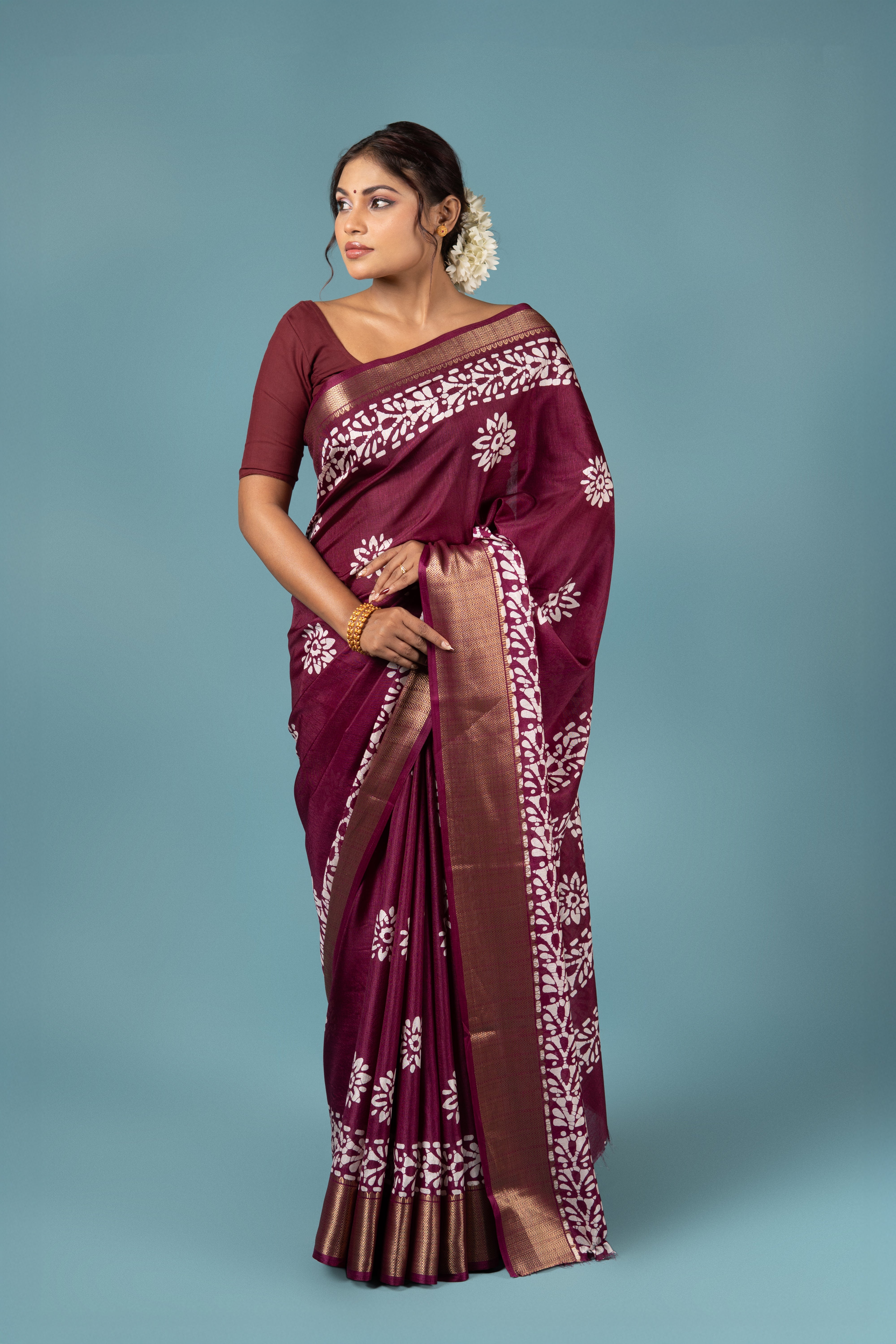 Wine Tussar Silk Saree with Batik Print
