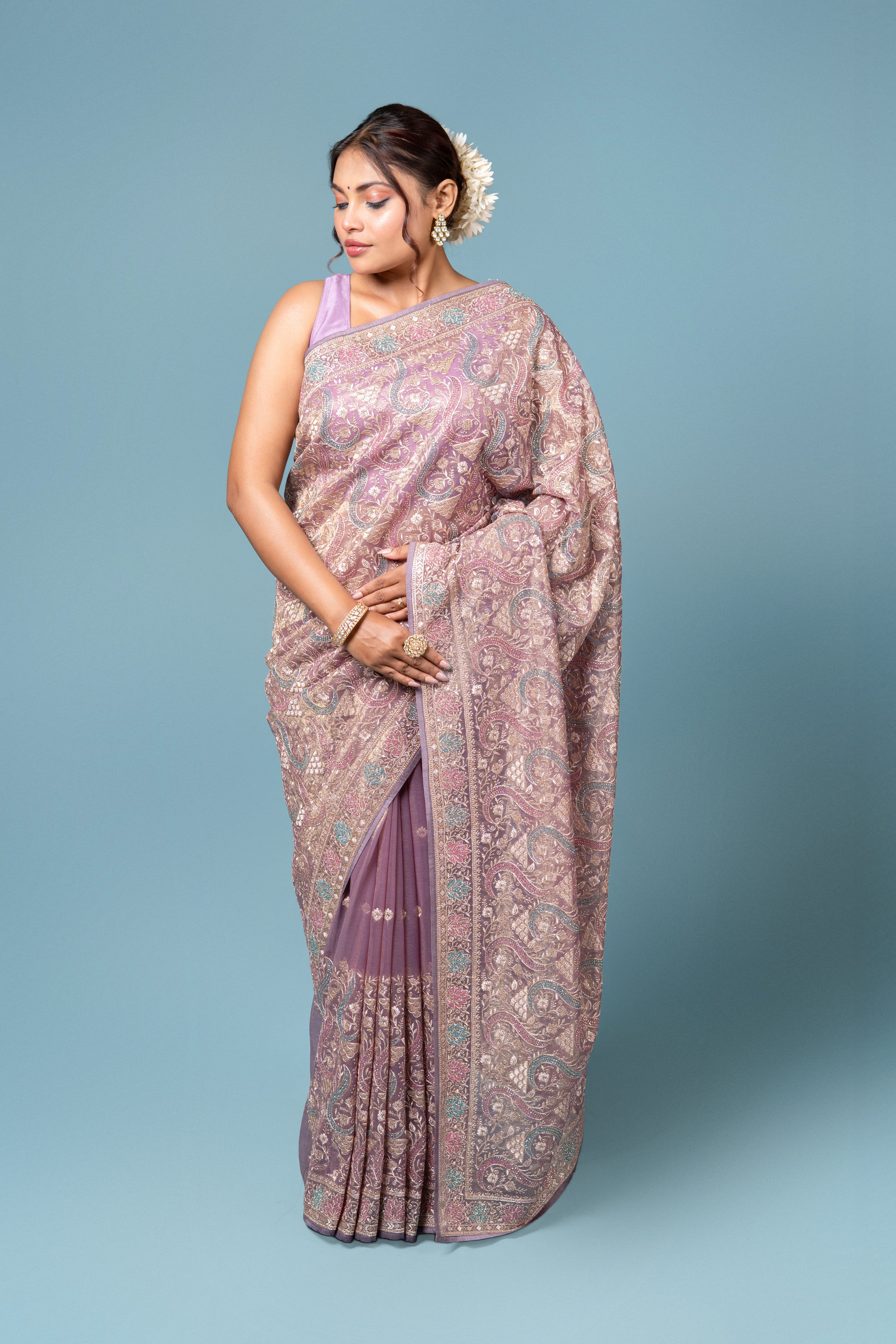 Purple Georgette Saree with Stone Work