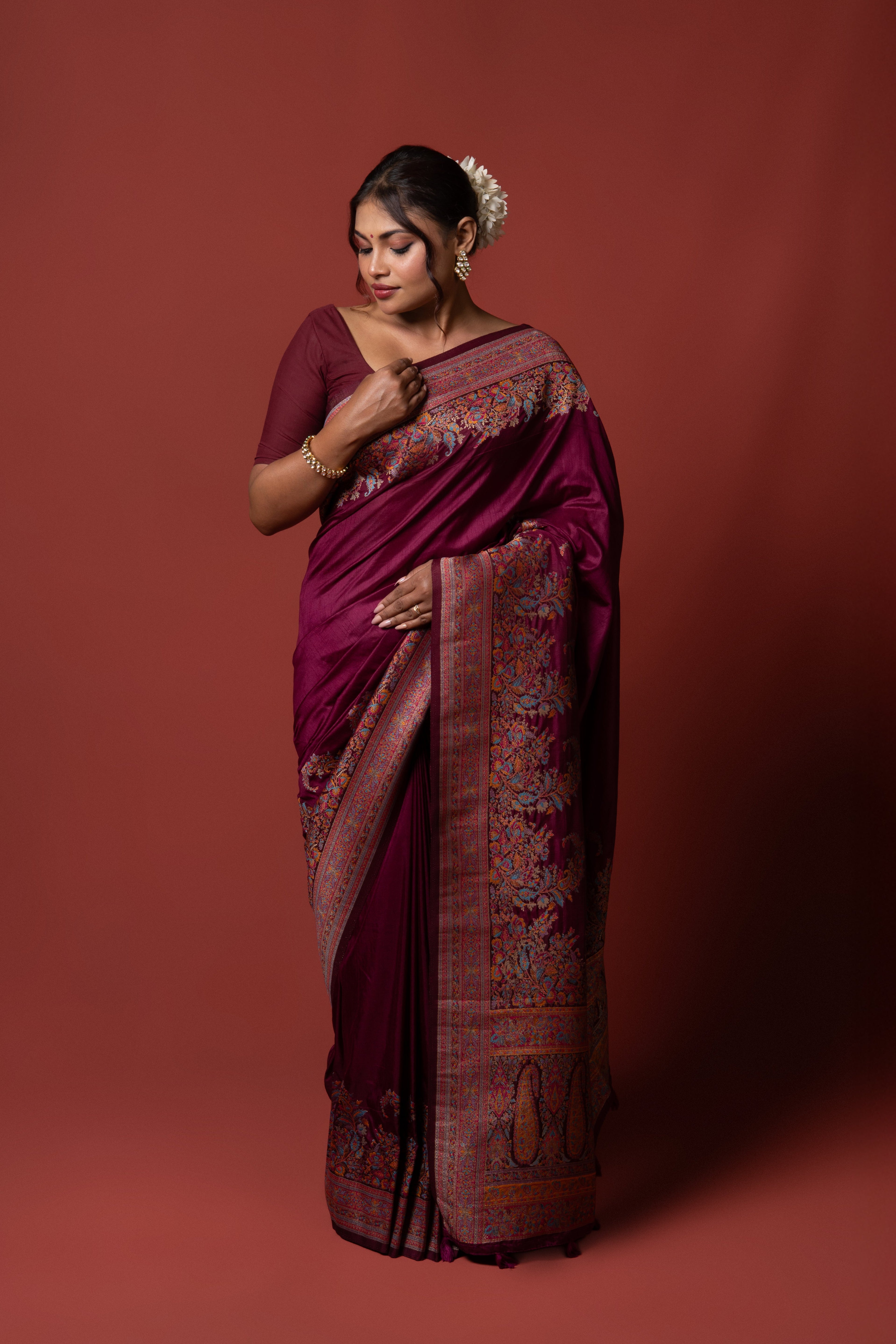 Purple Dola Silk Saree with Kalamkari Thread Work