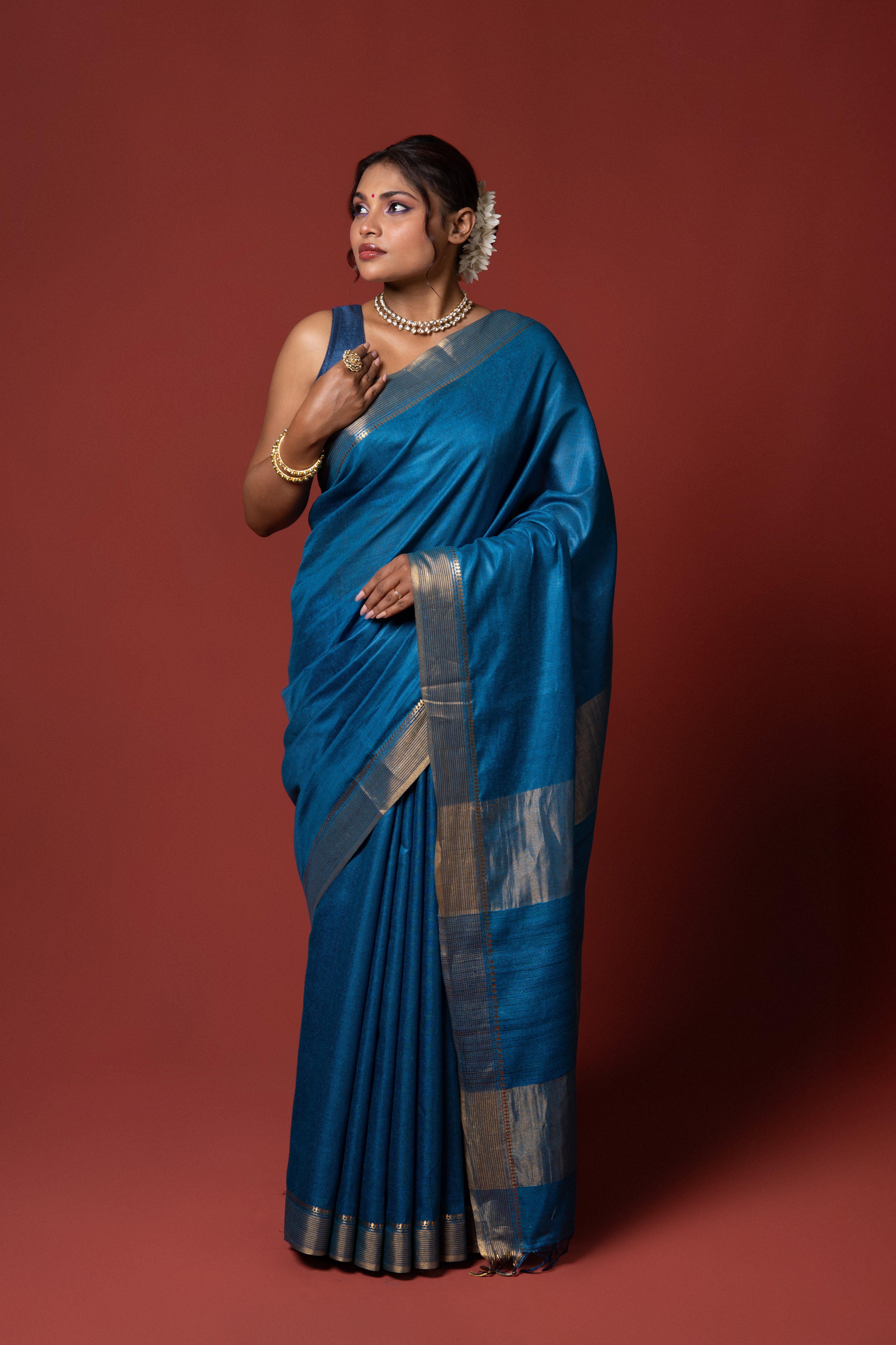 Blue Tussar Silk Saree
