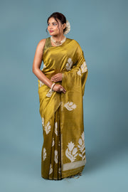 Olive Green Tussar Silk Saree