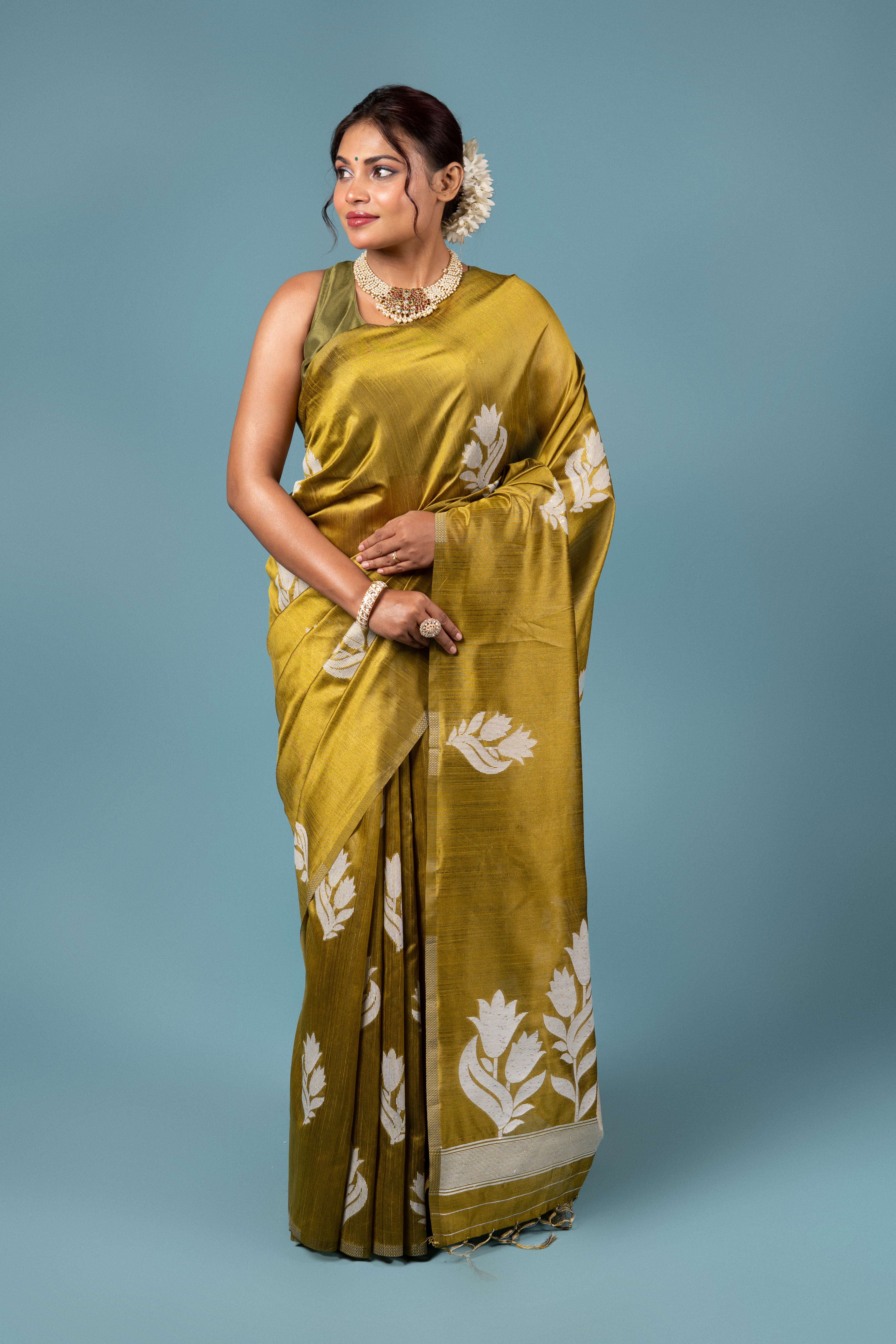 Olive Green Tussar Silk Saree