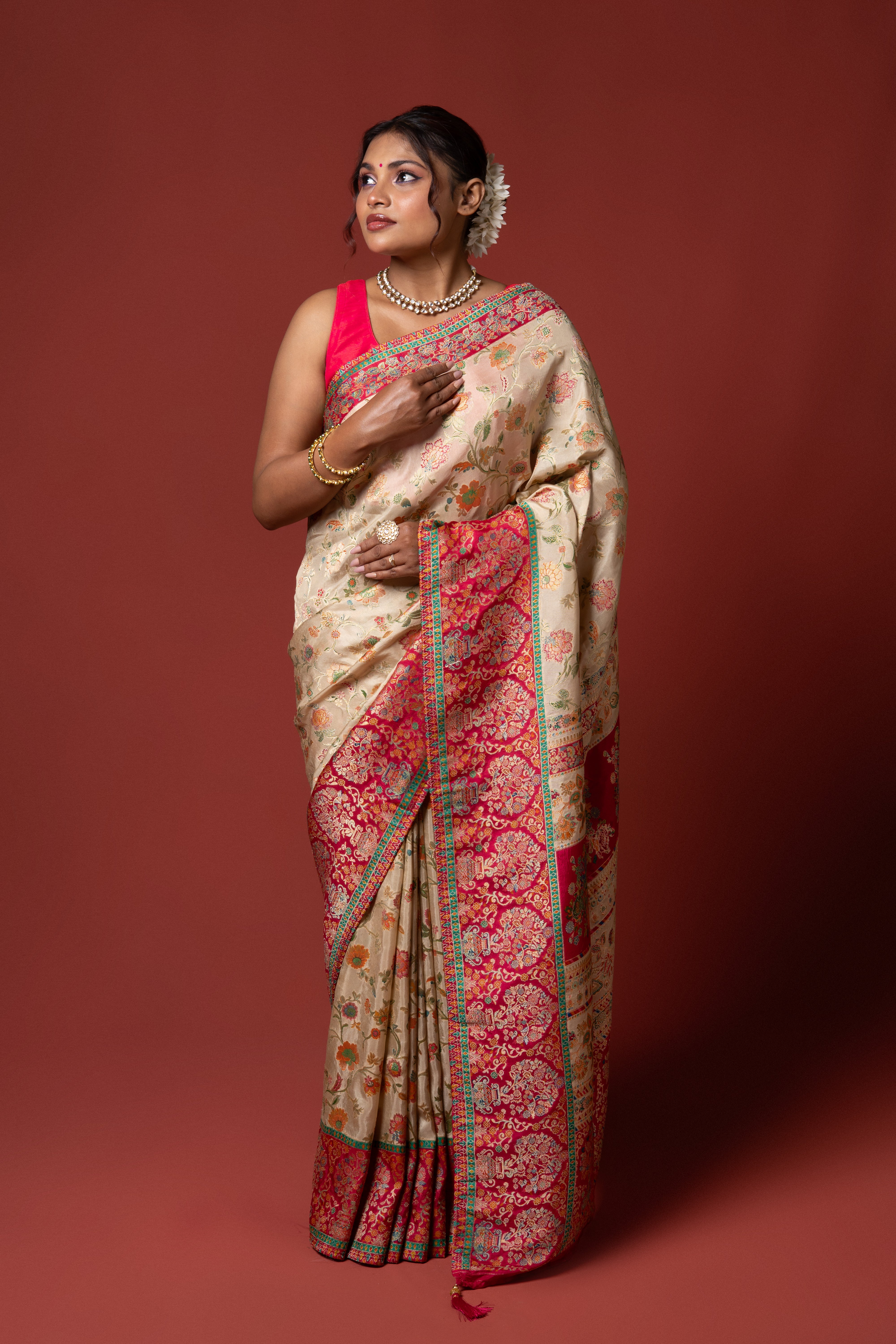 Cream Yellow Katan Silk Saree
