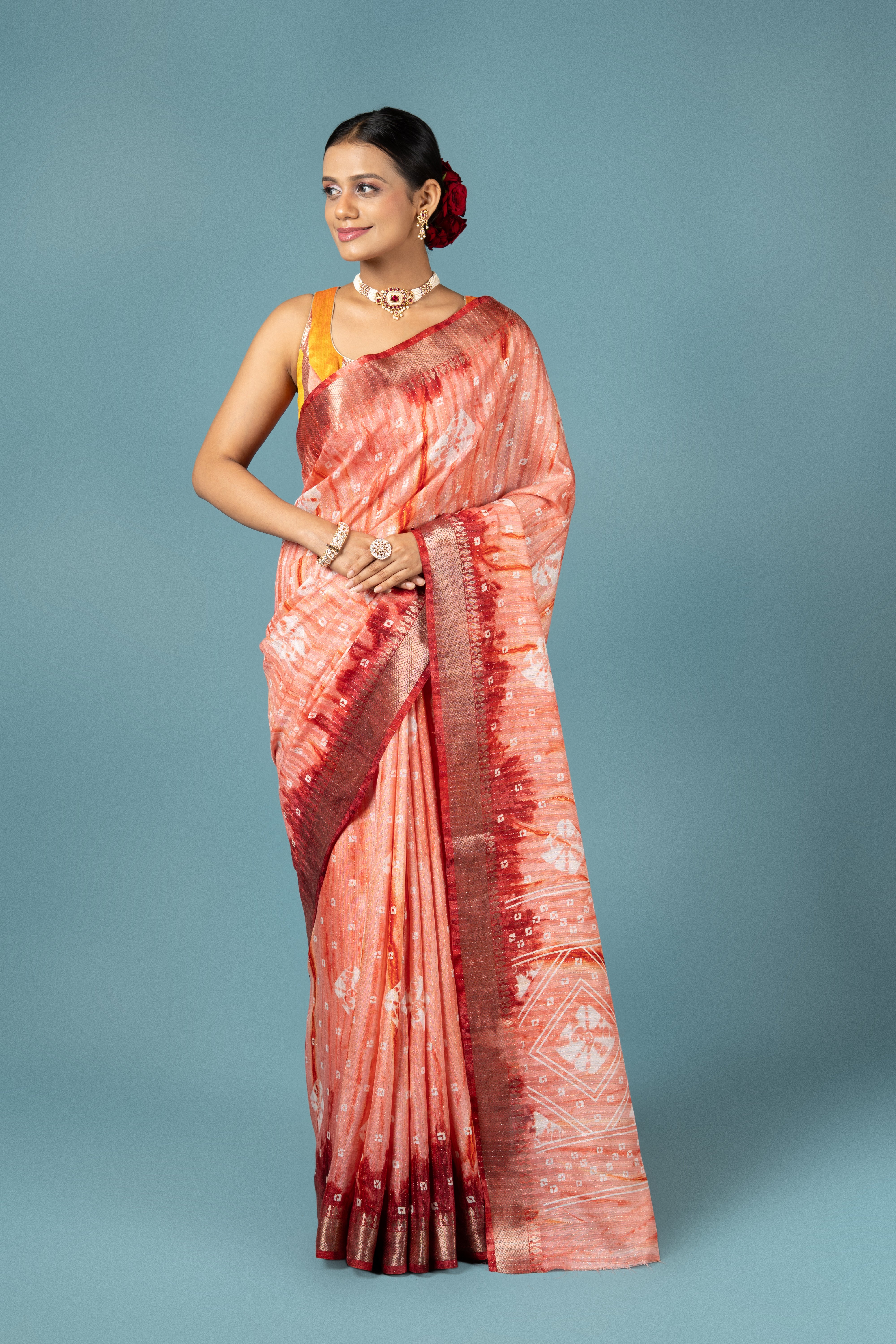 Peach Dola Silk Saree With Bandini Print