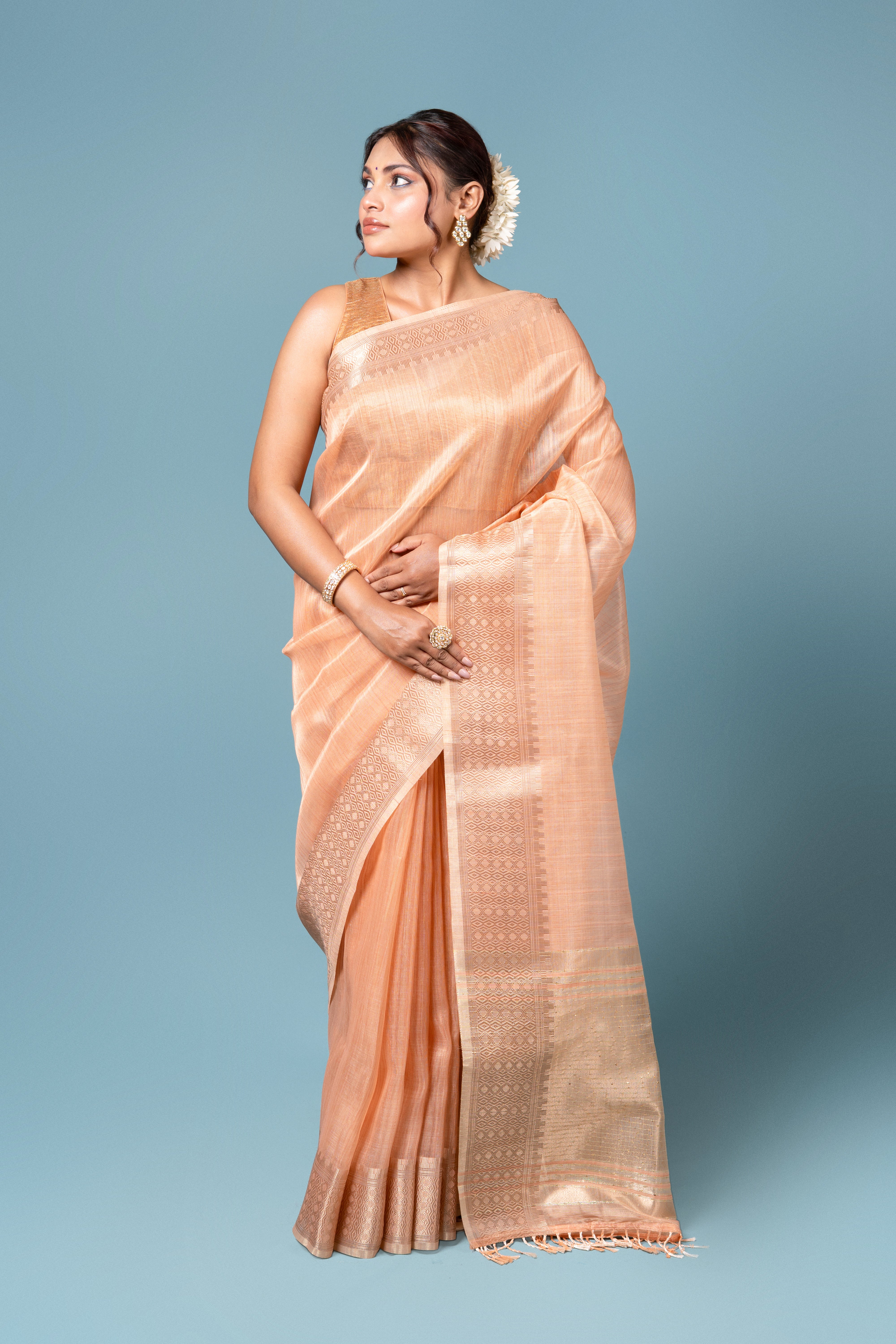Light Orange Tussar Silk Saree