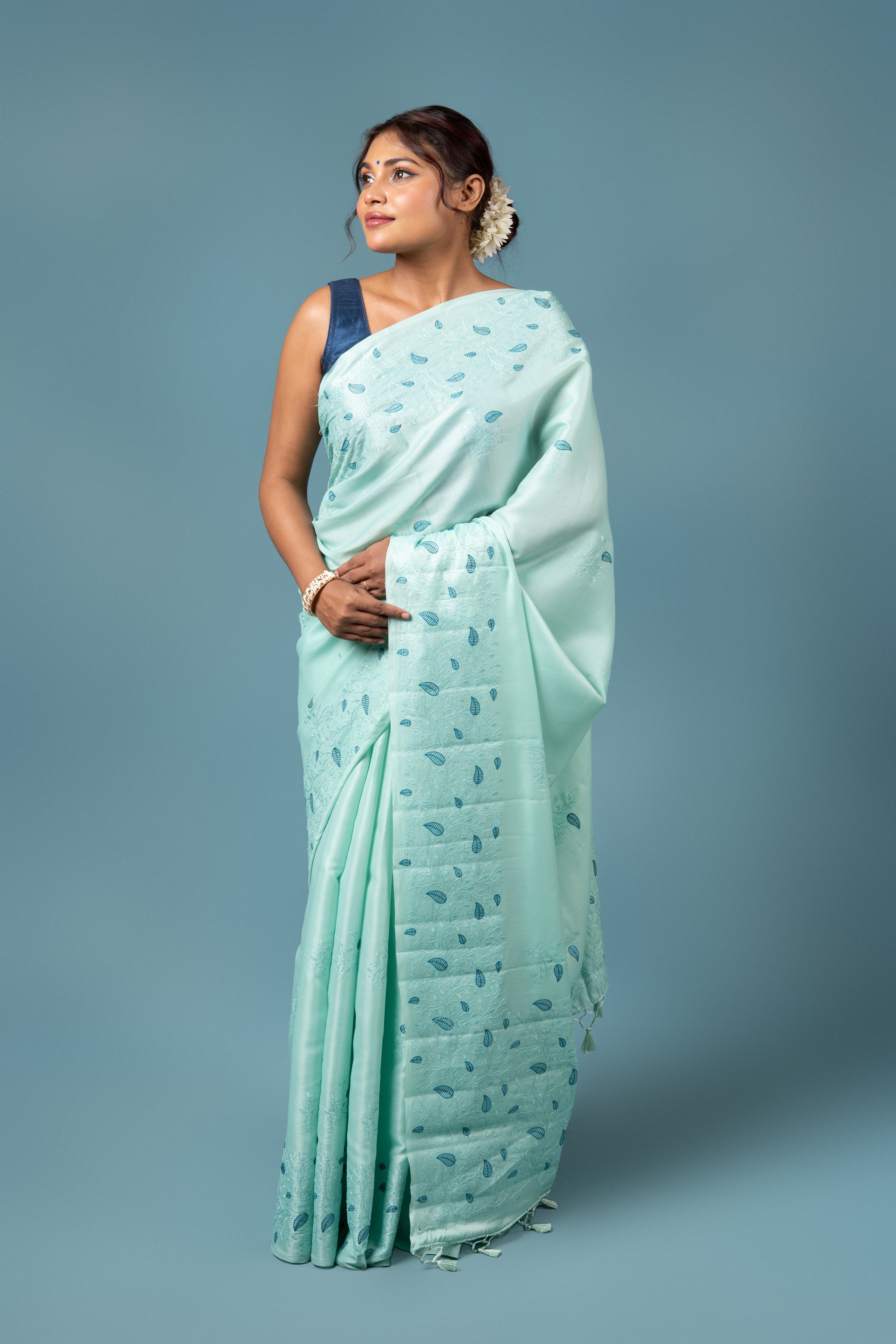 Sea Green Tussar Silk Saree