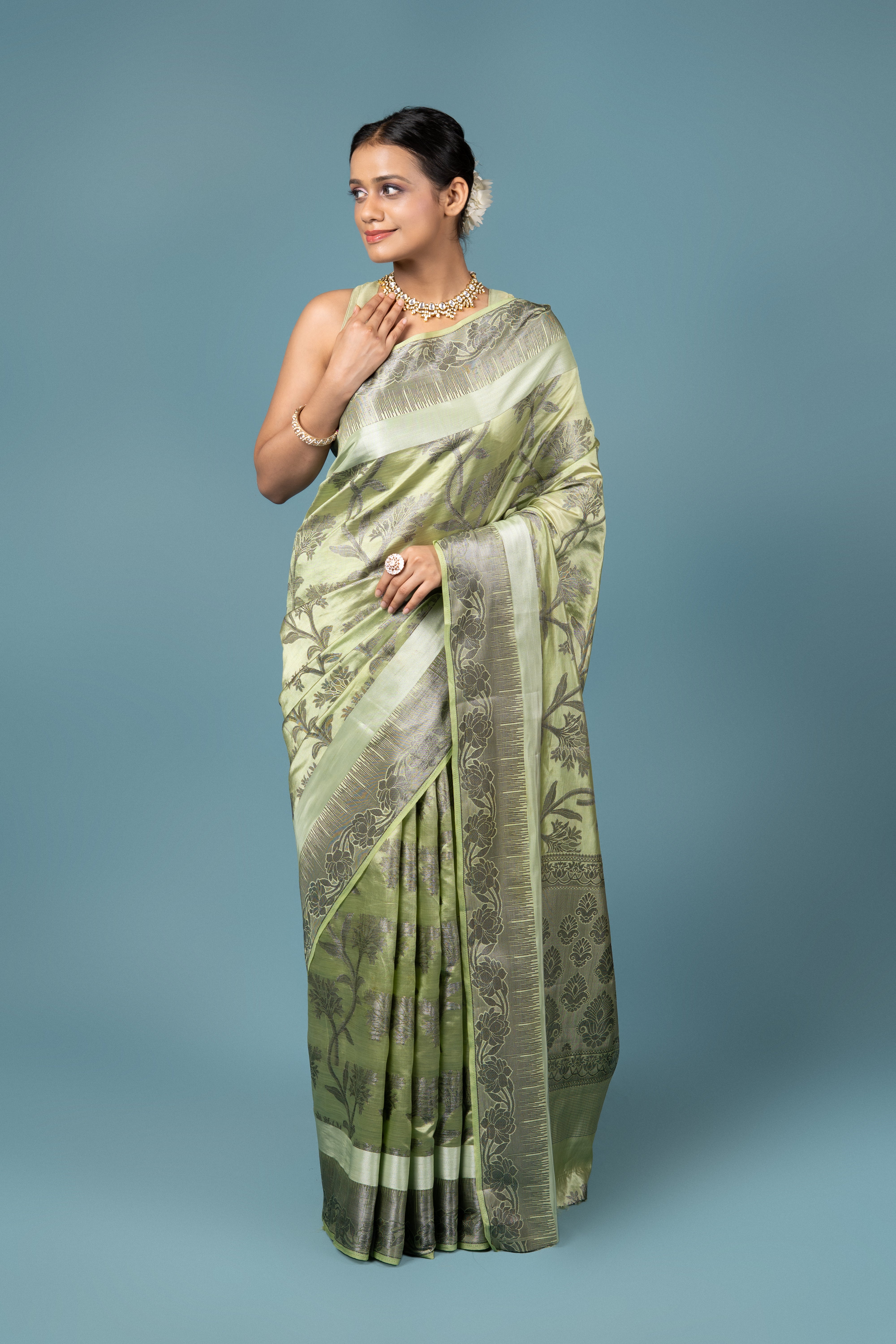 Pista Green Tussar Silk Saree