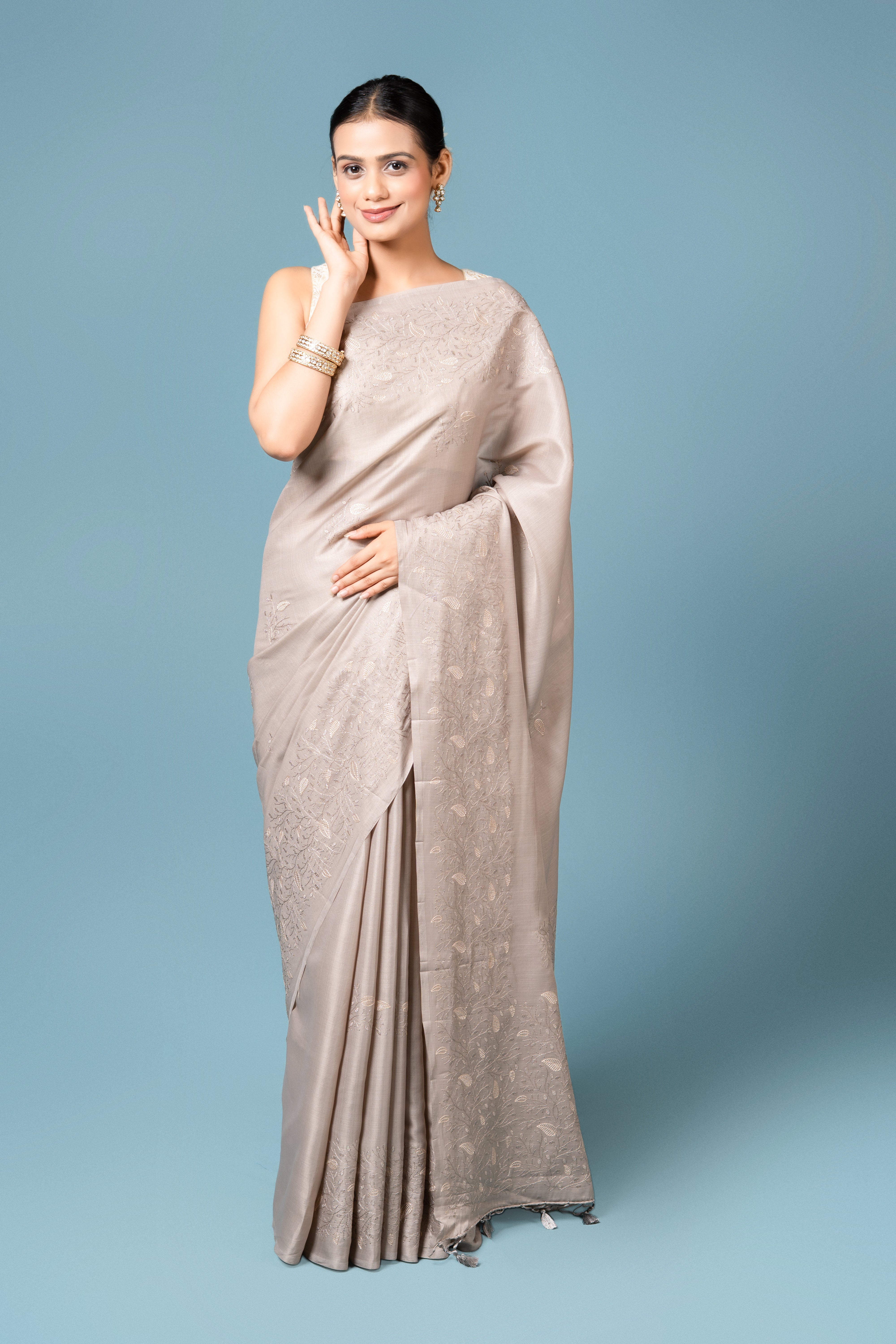 Steel Grey Tussar Silk Saree