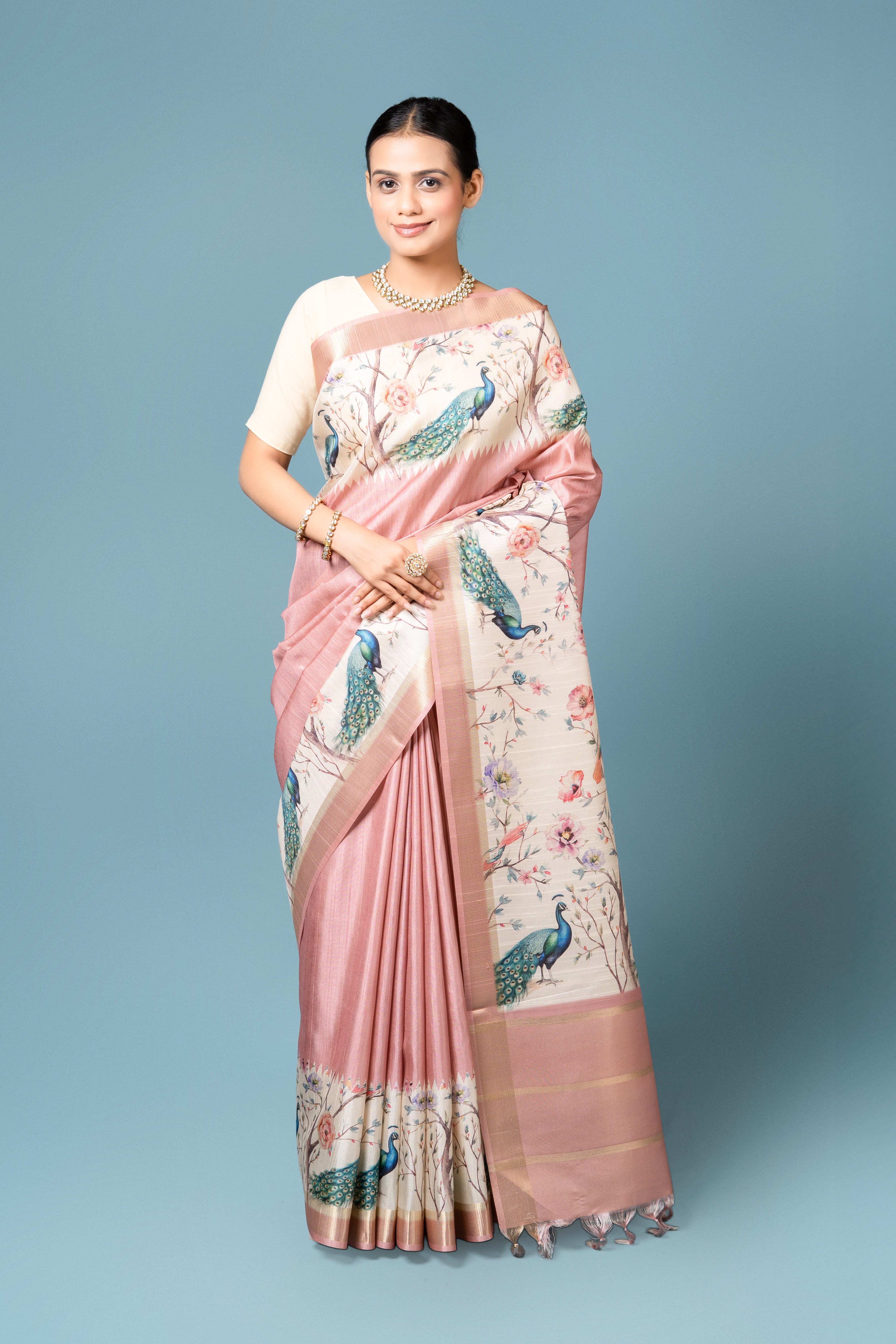 Peach Tussar Silk Saree
