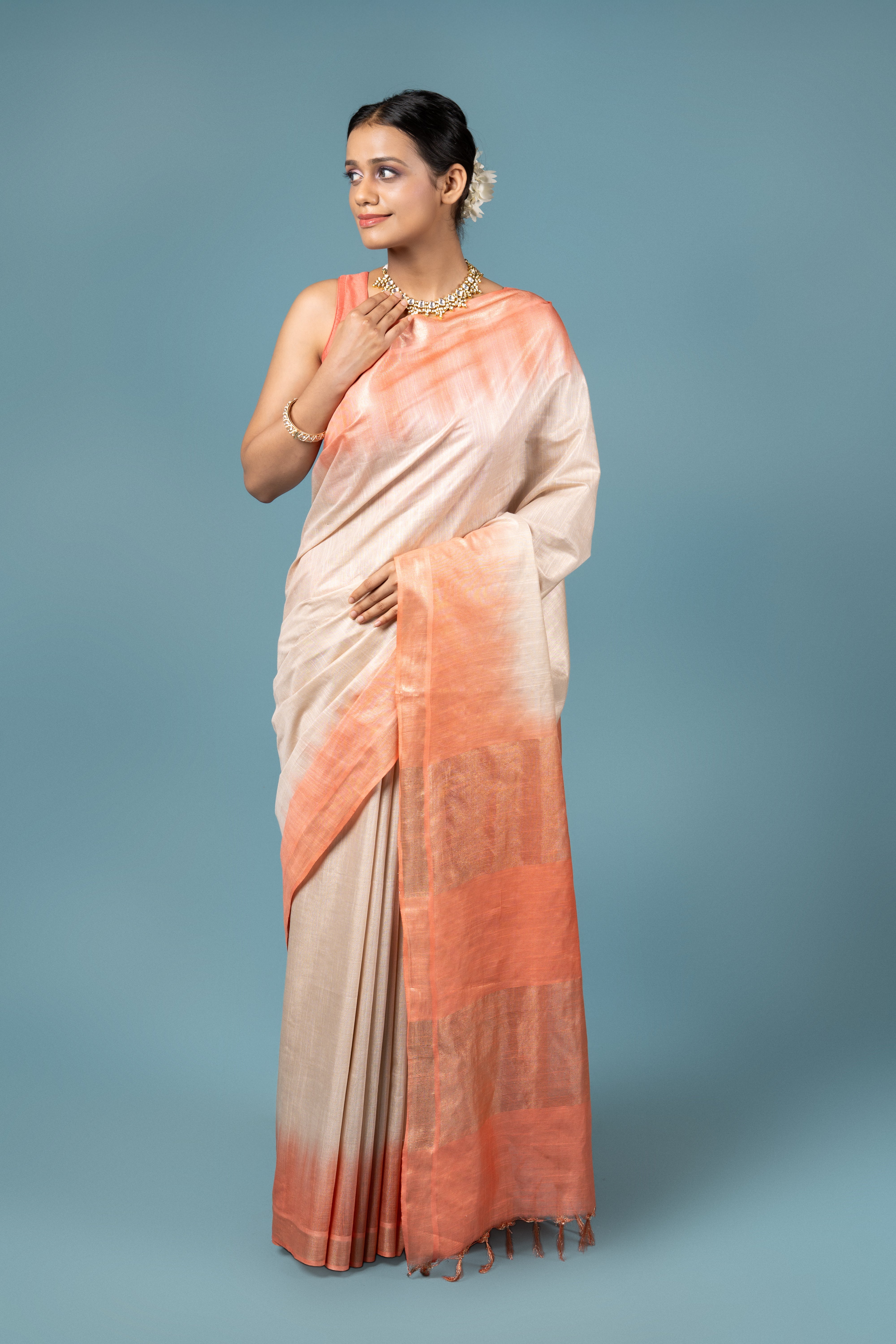 Peach And Beige Tussar Silk Saree