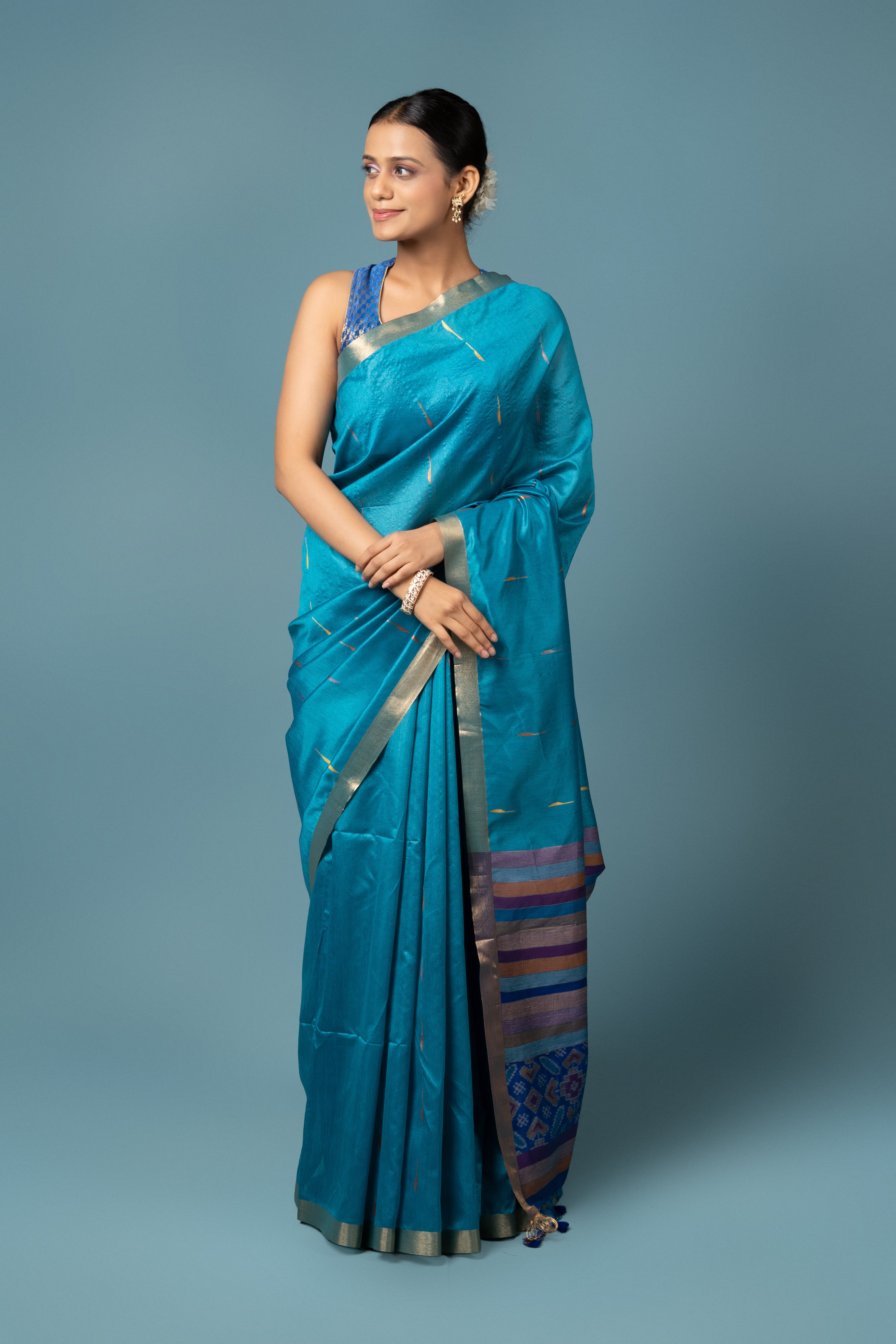 Blue Tussar Silk Saree with Patola Print