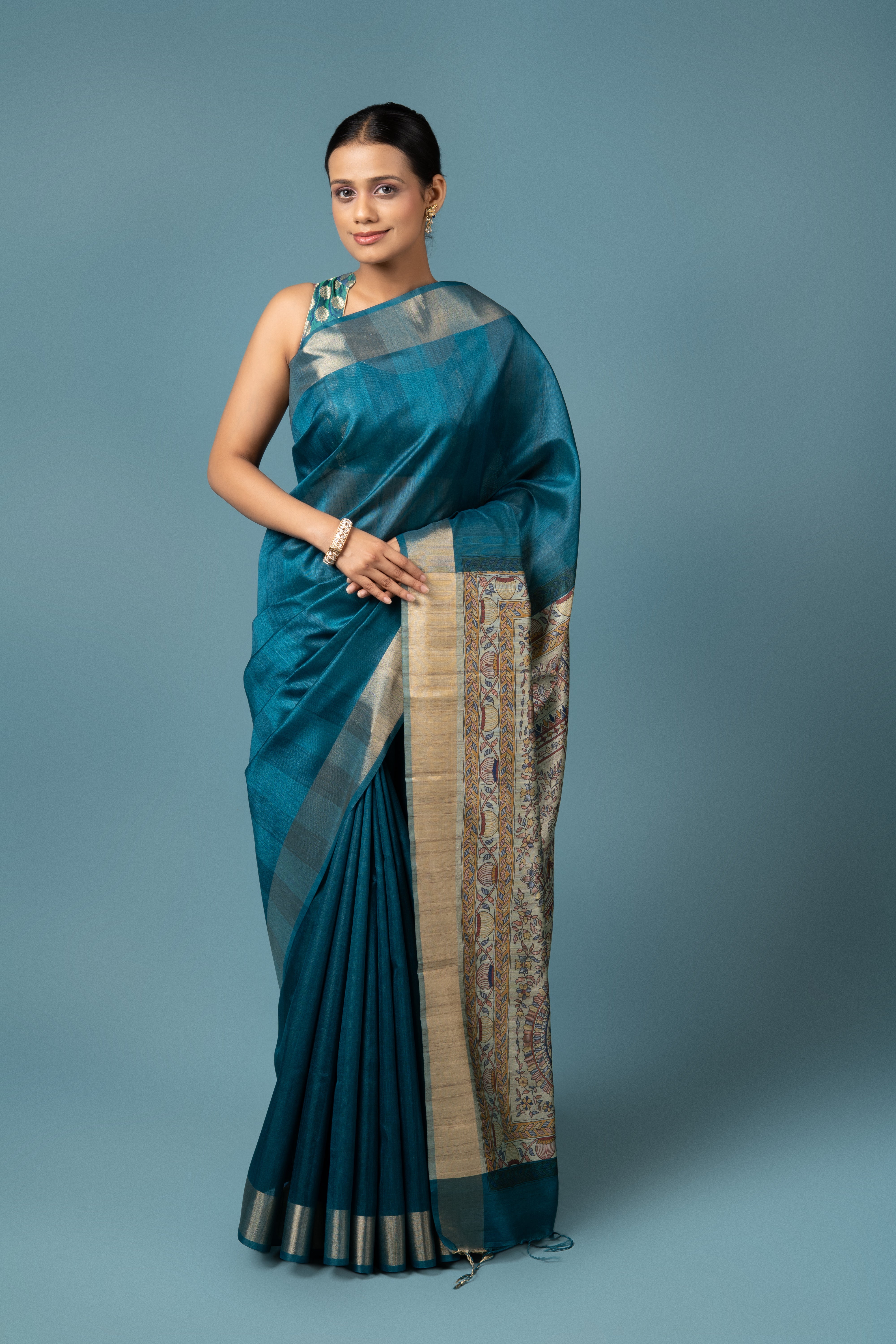Peacock Blue Tussar Silk Saree With Madhubani Print