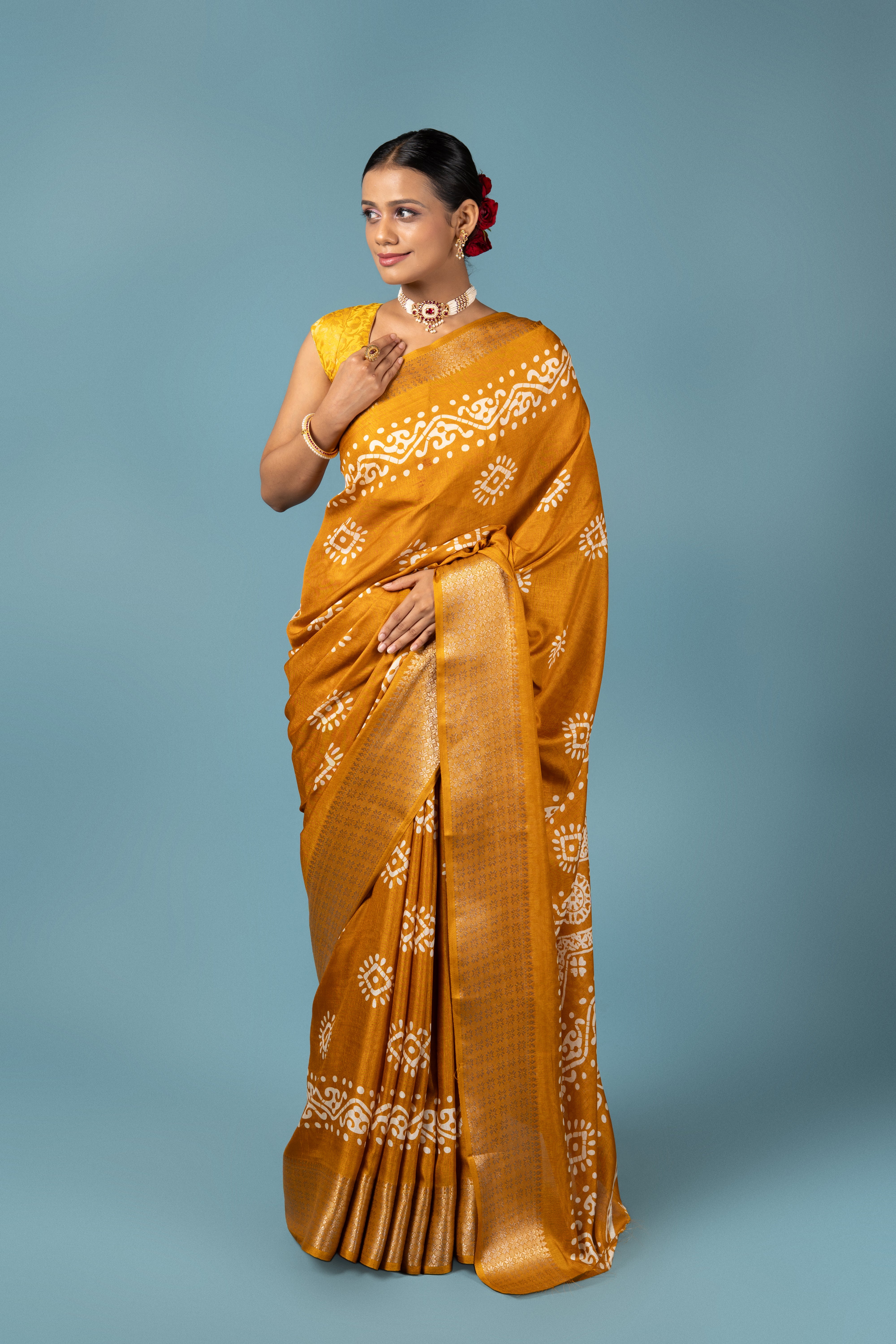 Mustard Yellow Tussar Silk Saree with Batik Print