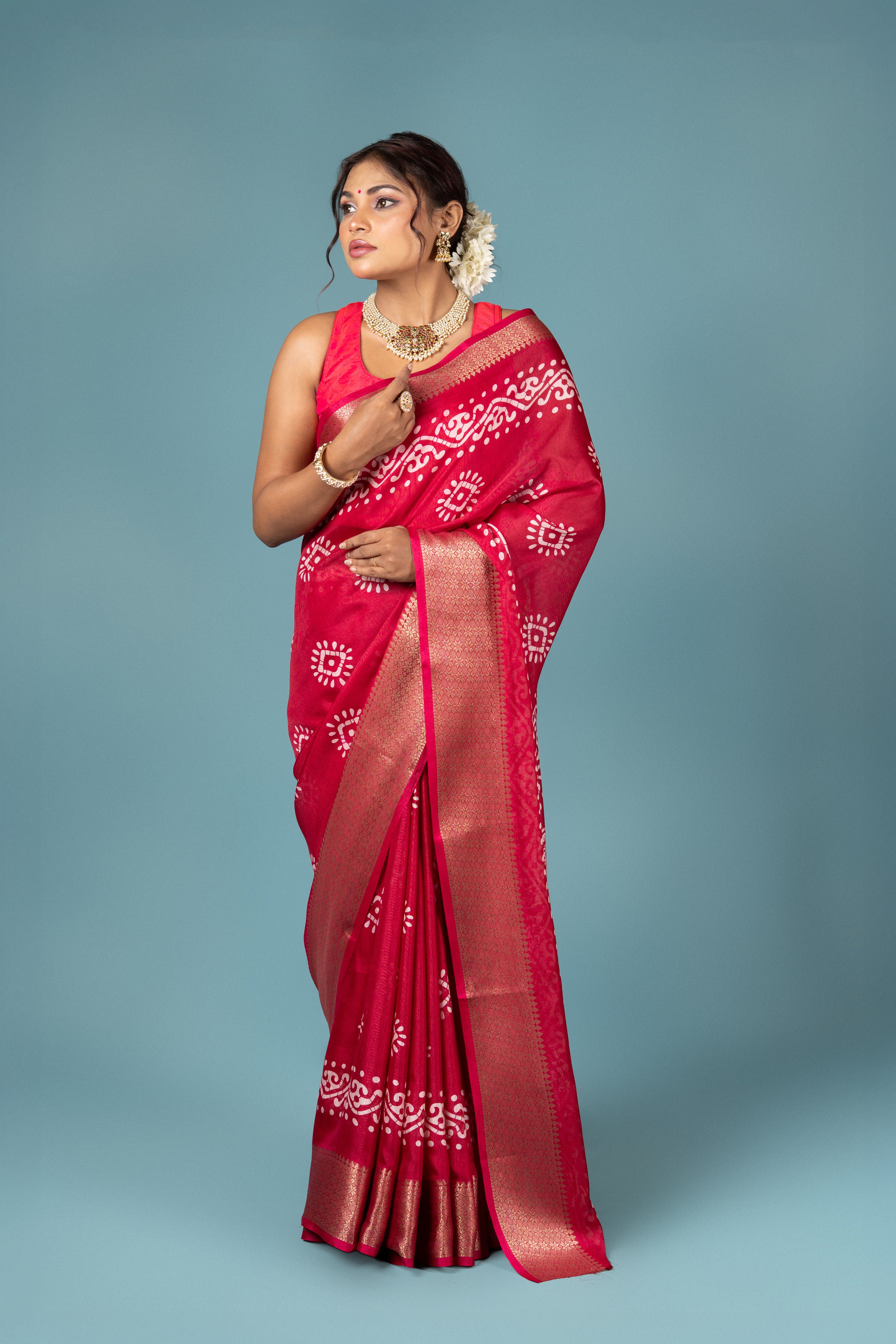 Red Tussar Silk Saree with Batik Print