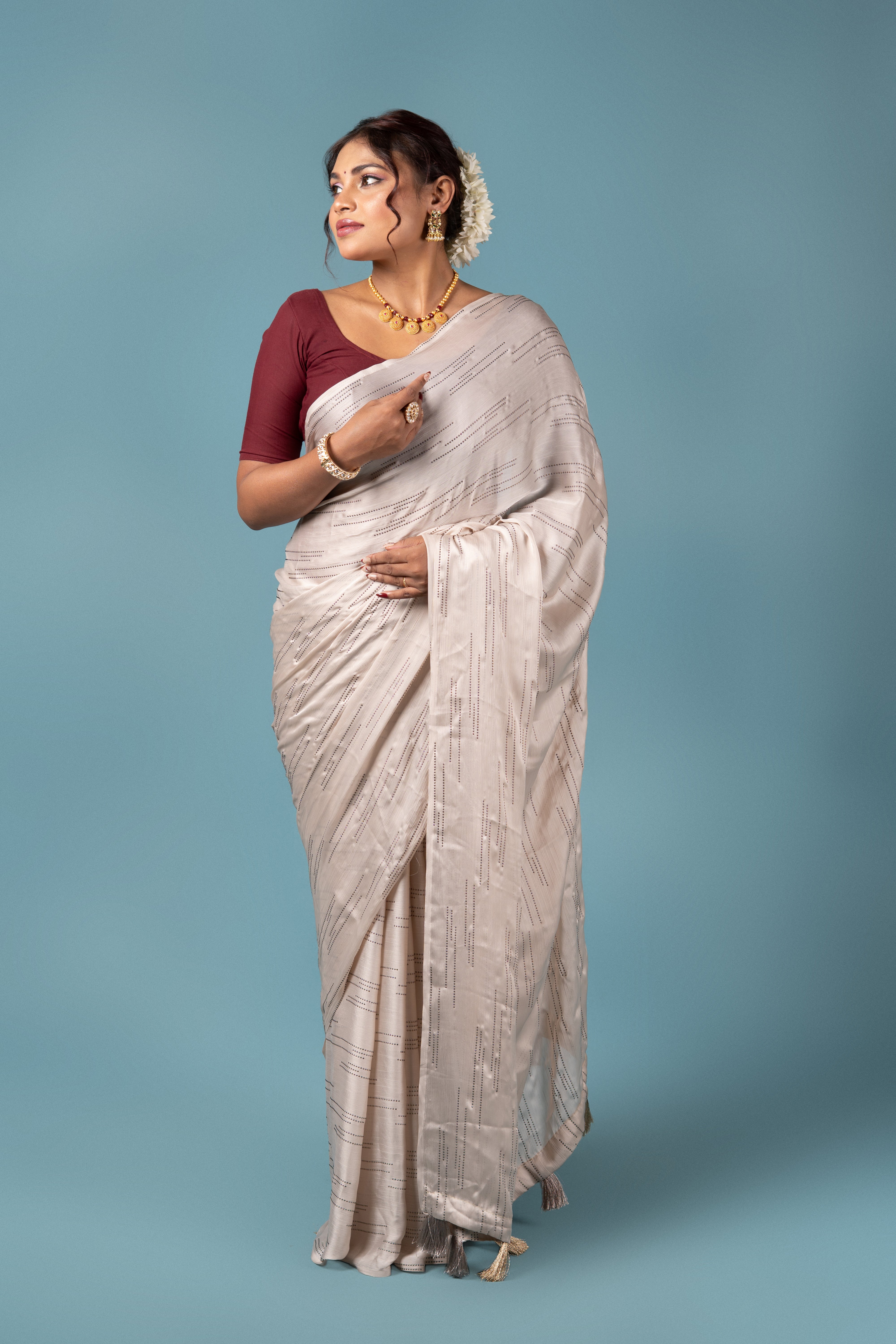 Cream Chiffon Saree with Sparkle Work