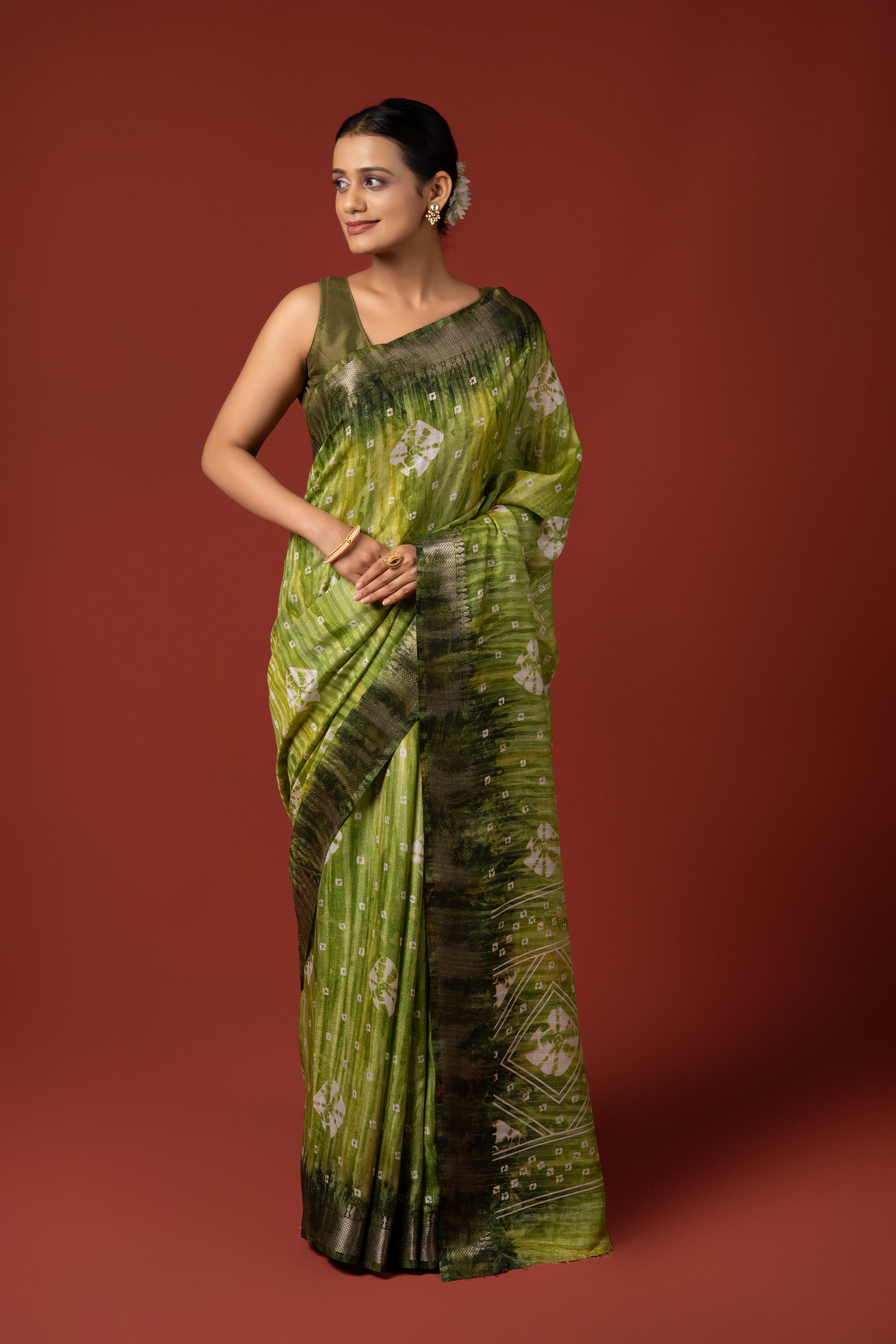 Lime Green Dola Silk Saree With Bandini Print