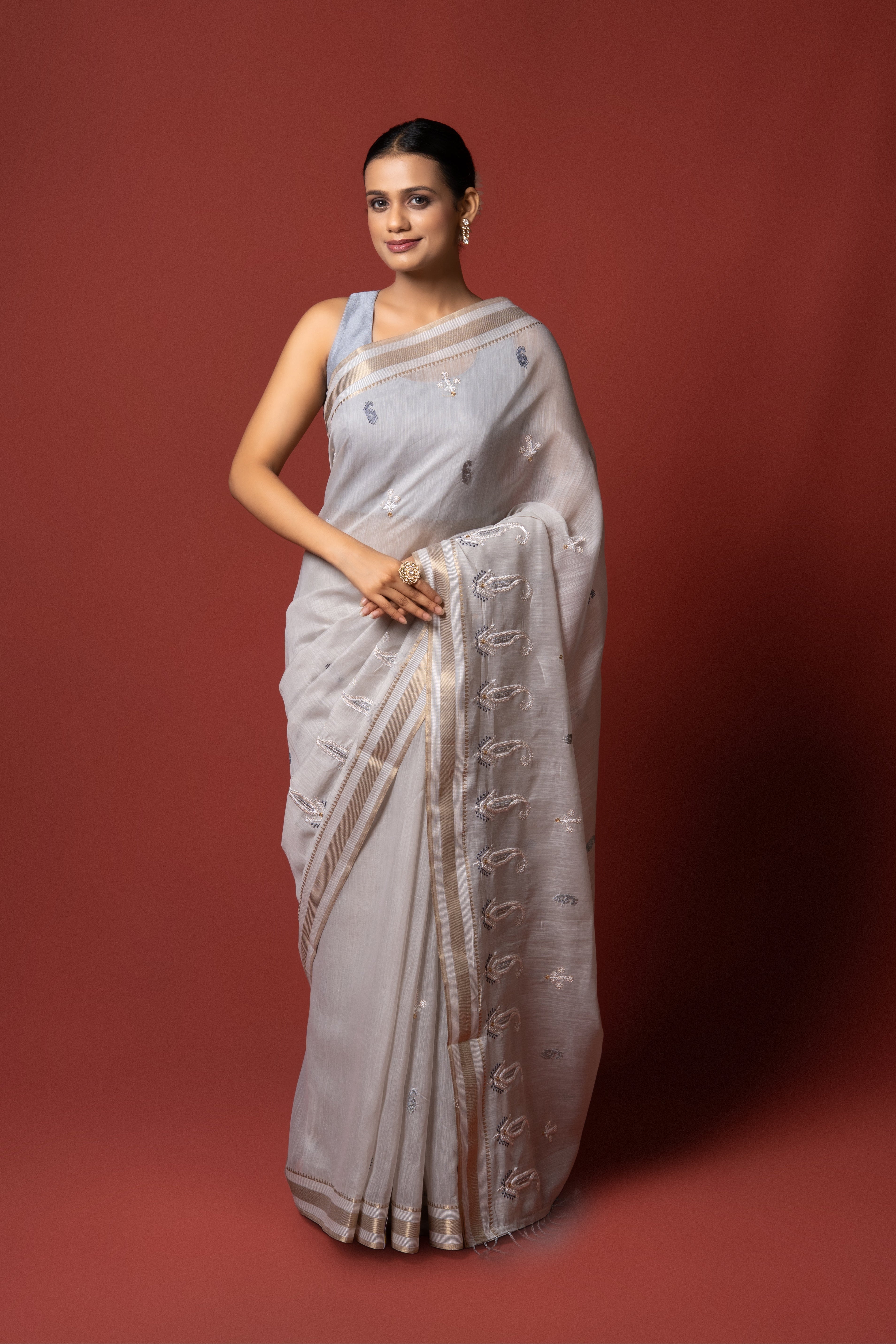 Grey Cotton Saree with Thread Work