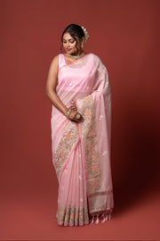 Pastel Pink Cotton Saree with Thread Work