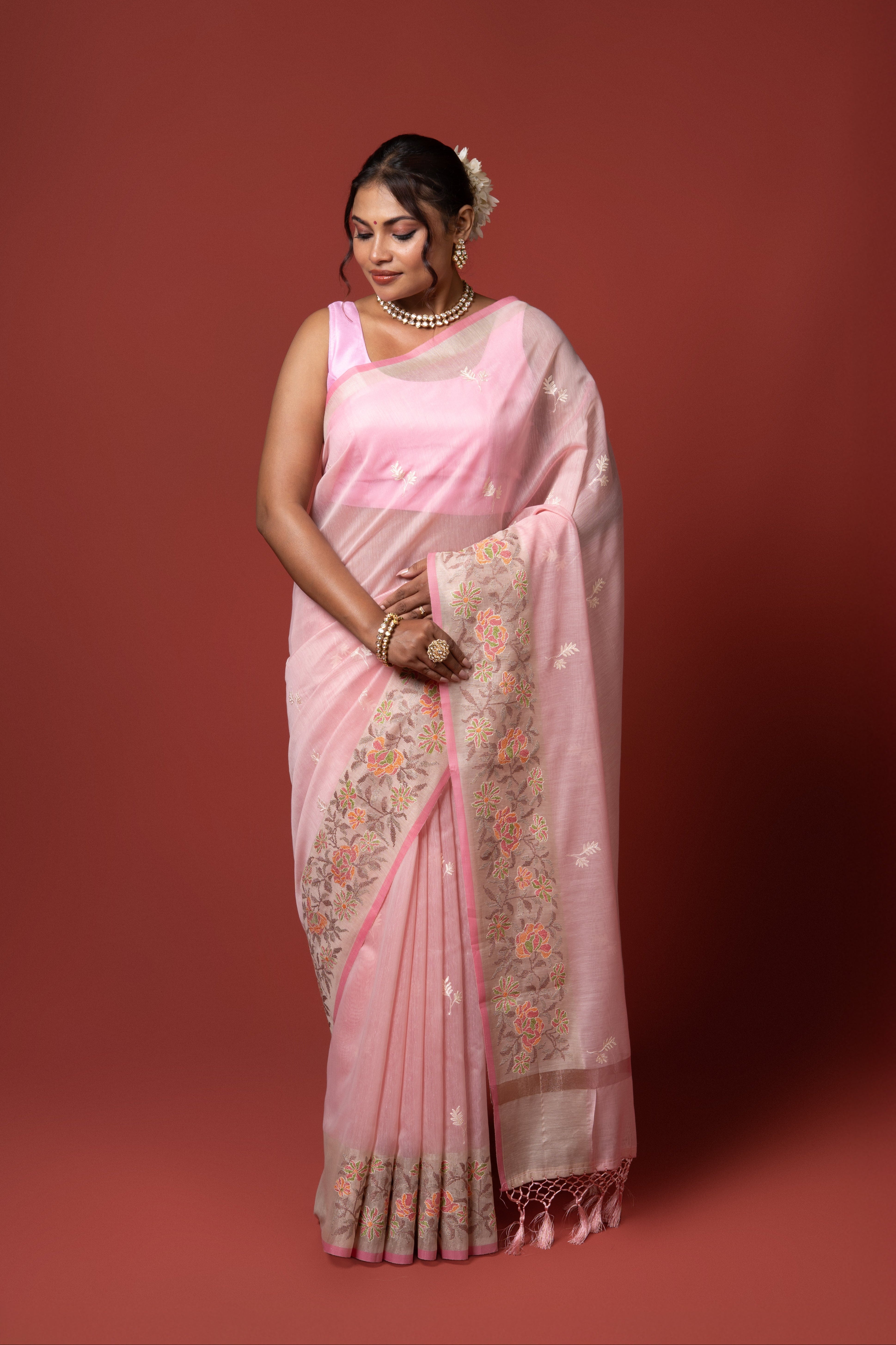 Pastel Pink Cotton Saree with Thread Work